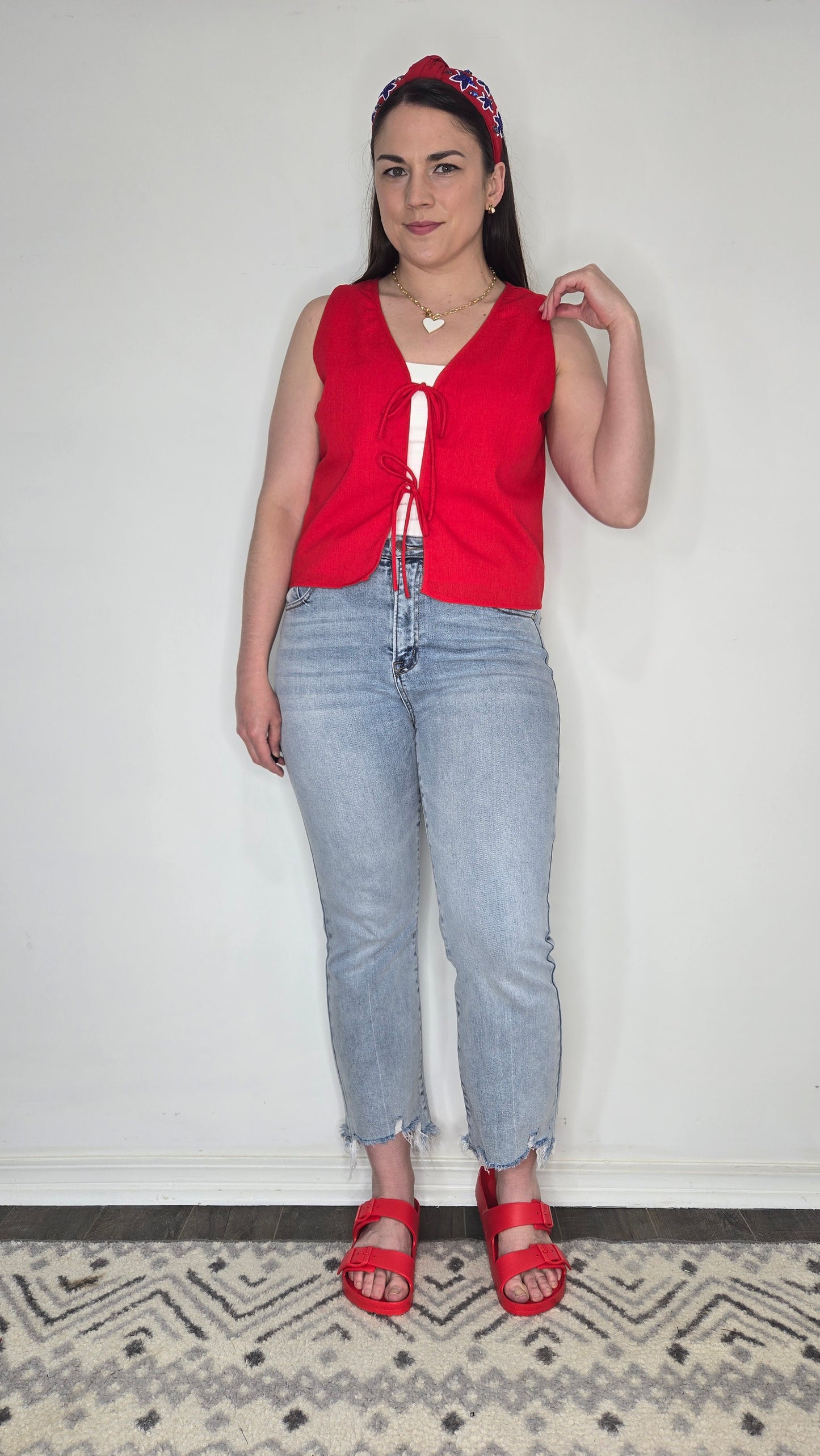 Red Linen Bow Tie Front Detail Vest "Mandy"