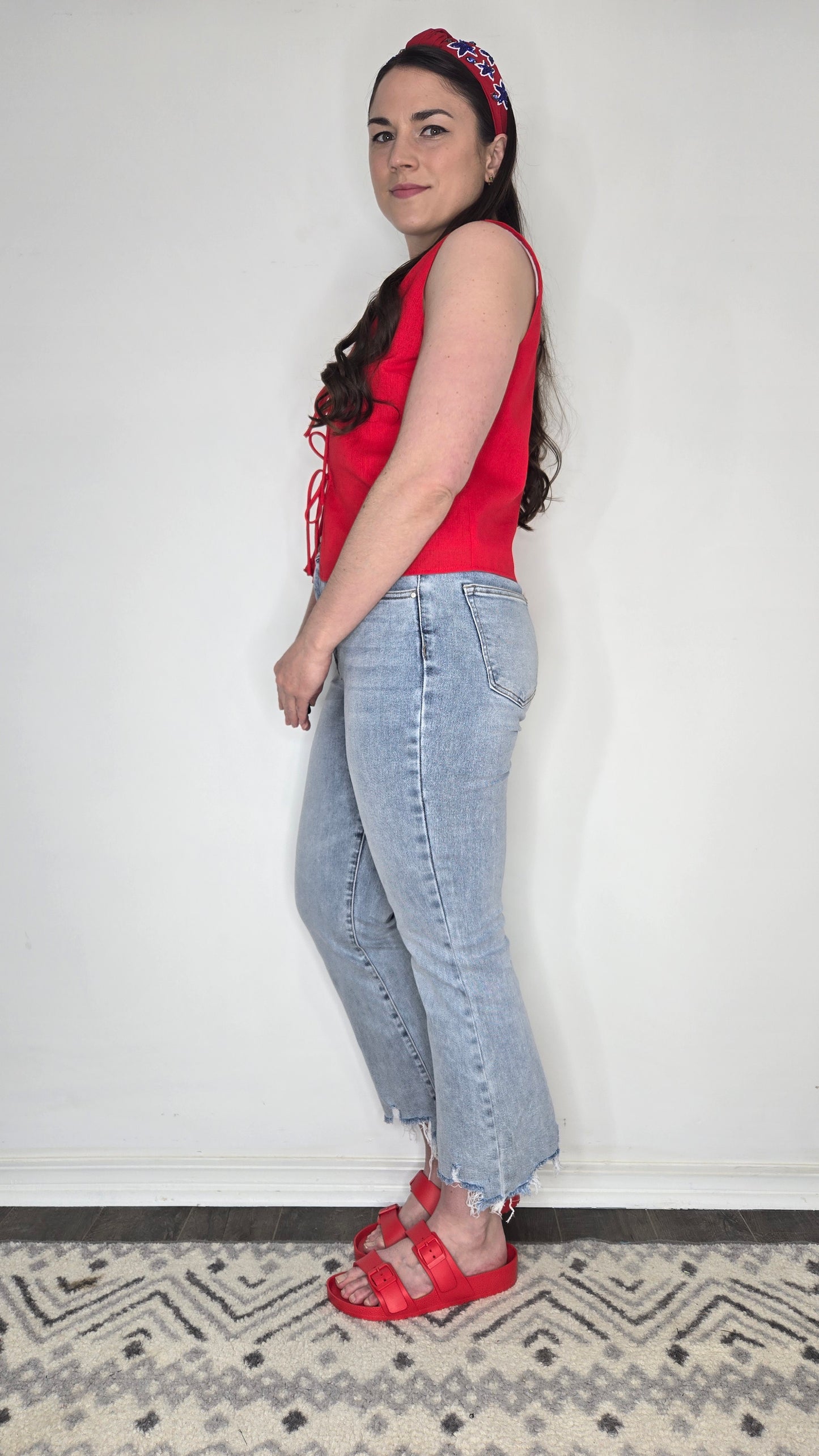 Red Linen Bow Tie Front Detail Vest "Mandy"