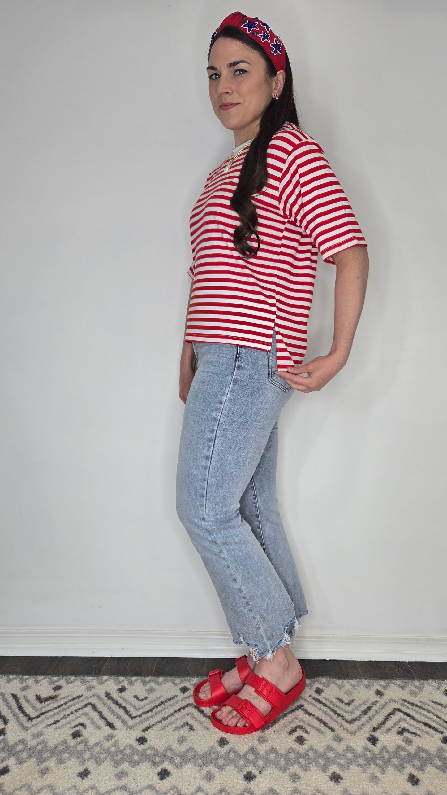 Red Stripe Short Sleeve Top "Skylar" (L)