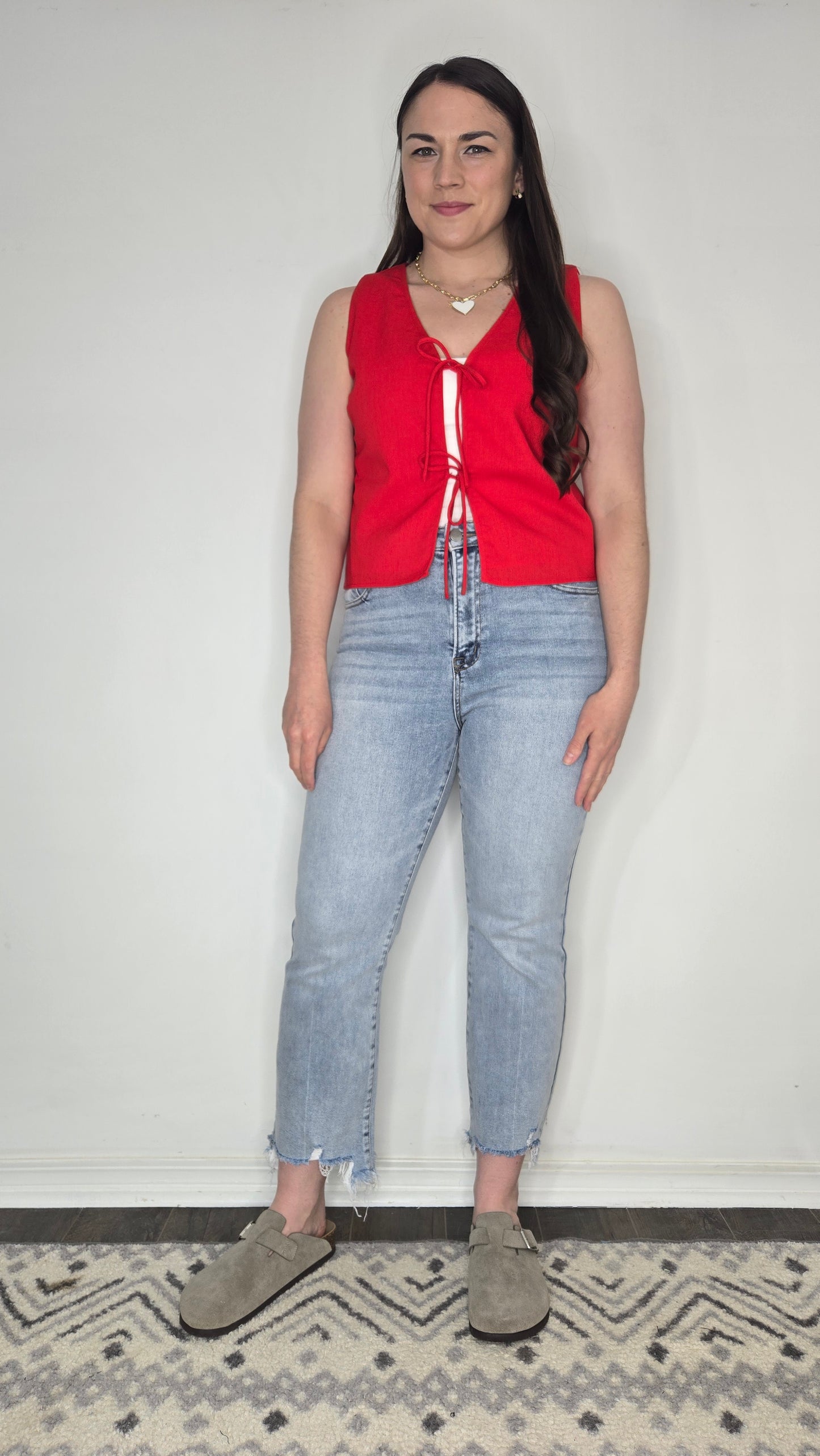 Red Linen Bow Tie Front Detail Vest "Mandy"