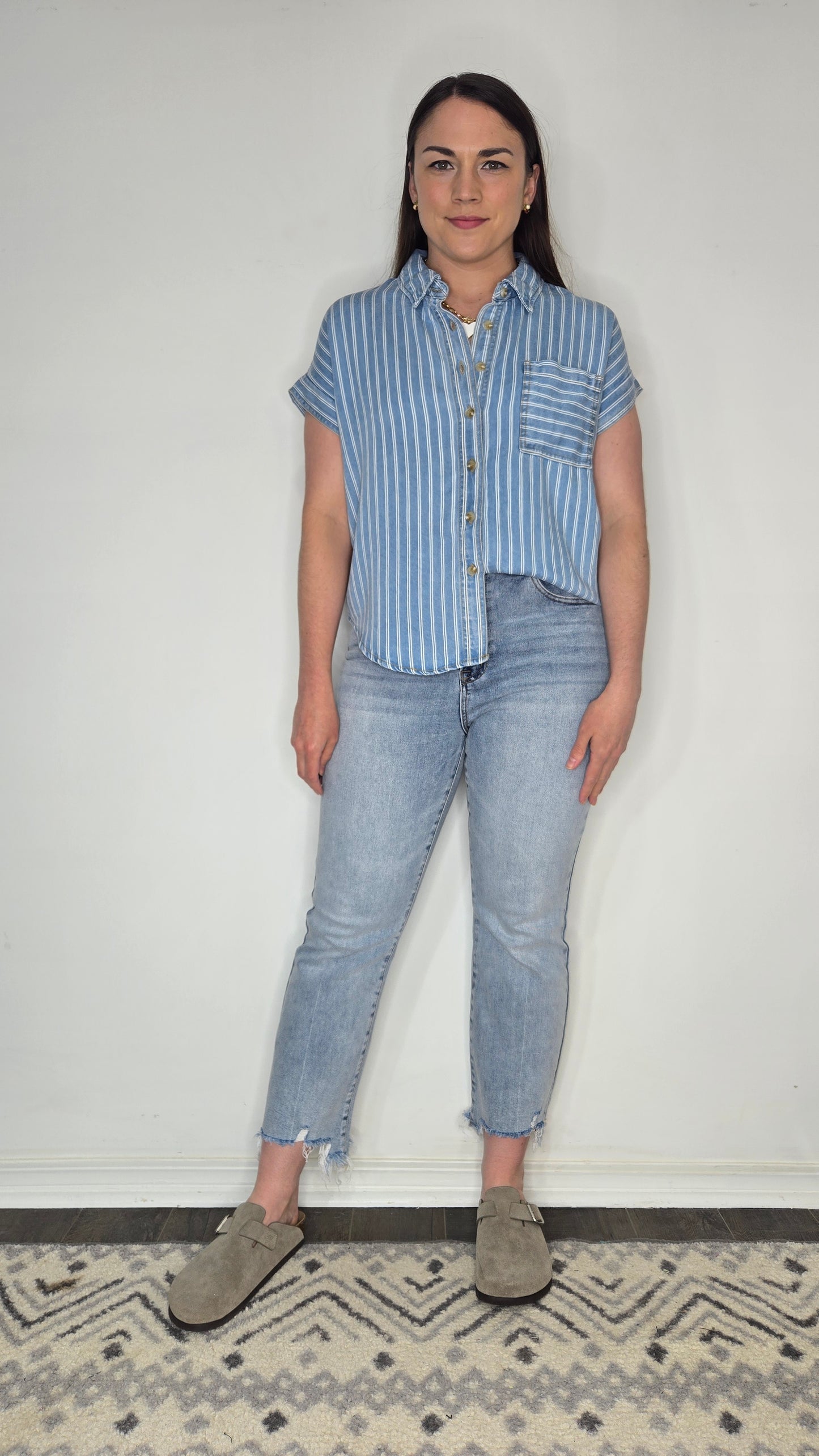 Denim Blue Stripe Button Up Short Sleeve Top "Charlotte"