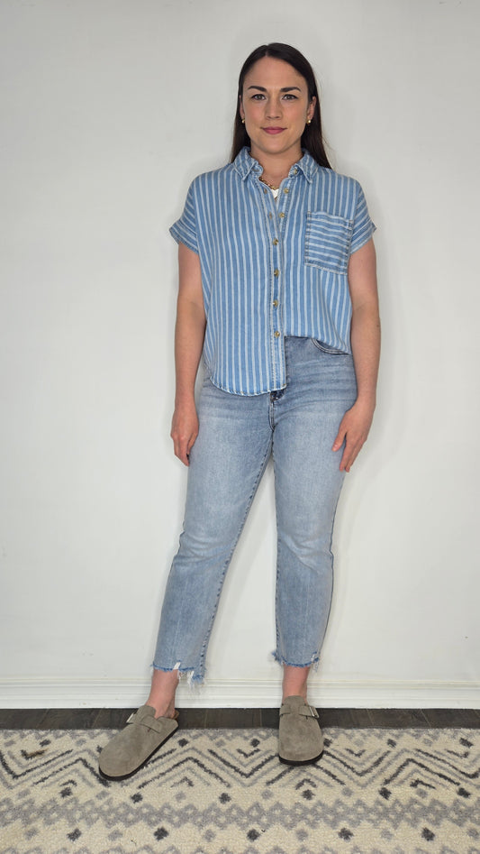 Denim Blue Stripe Button Up Short Sleeve Top "Charlotte"