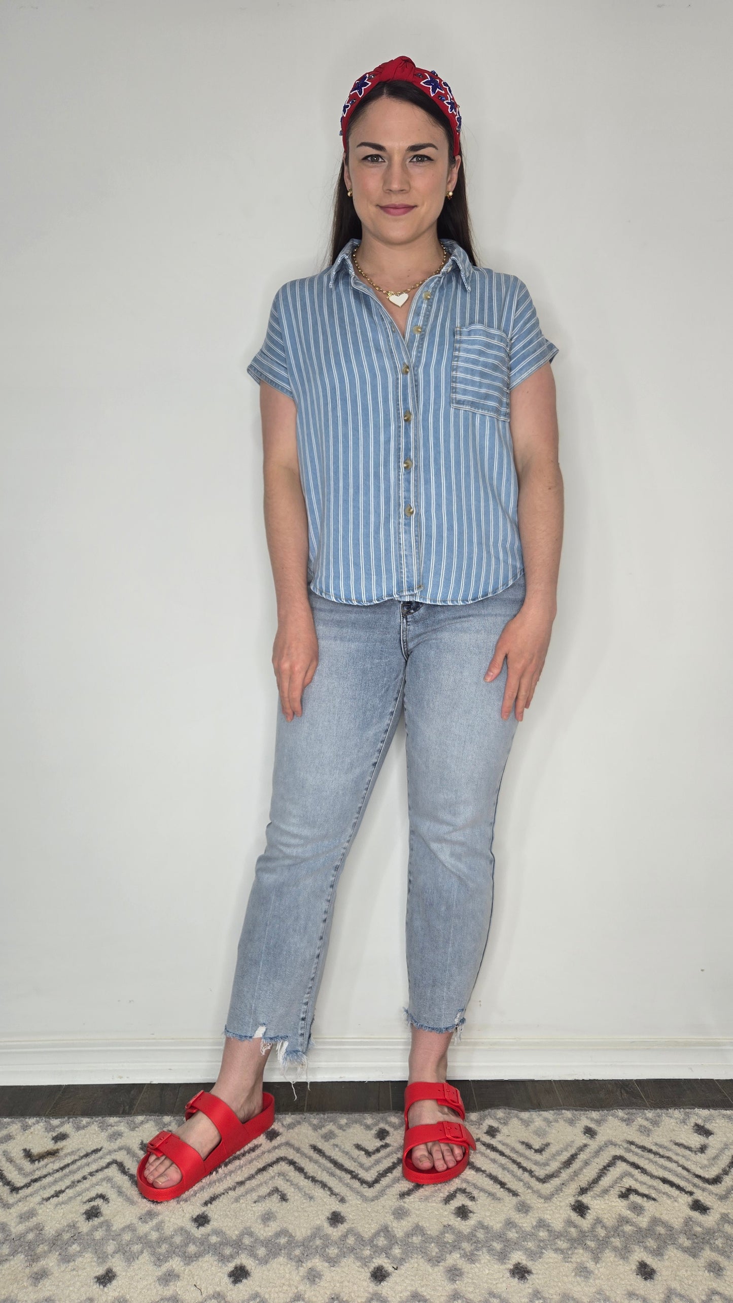 Denim Blue Stripe Button Up Short Sleeve Top "Charlotte"