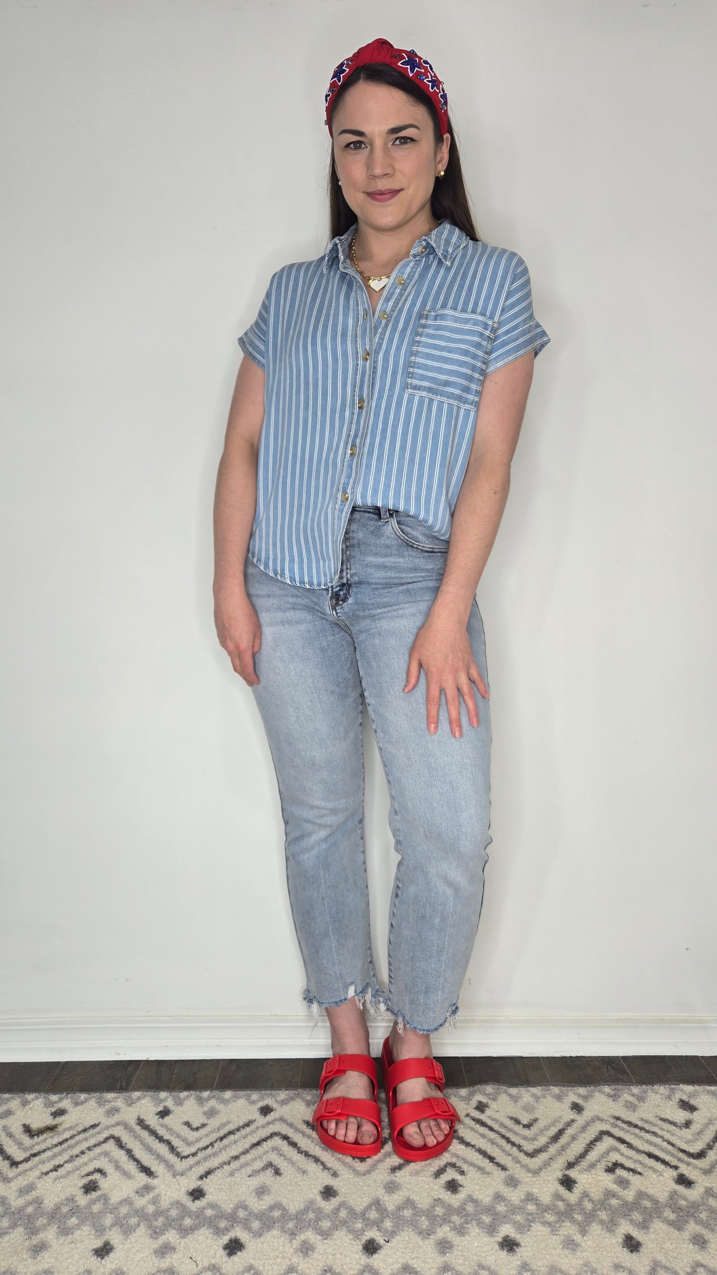 Denim Blue Stripe Button Up Short Sleeve Top "Charlotte"