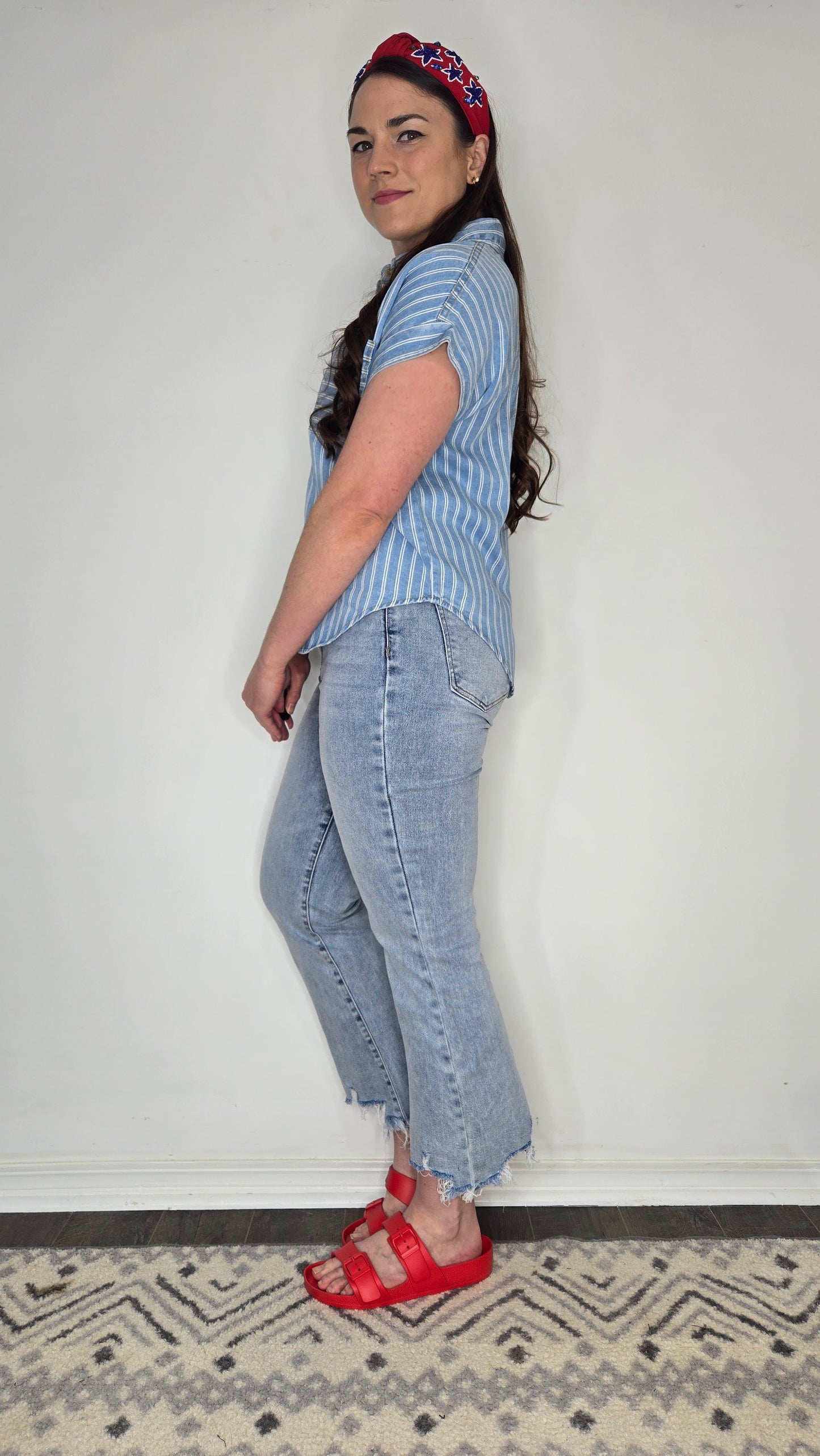 Denim Blue Stripe Button Up Short Sleeve Top "Charlotte"