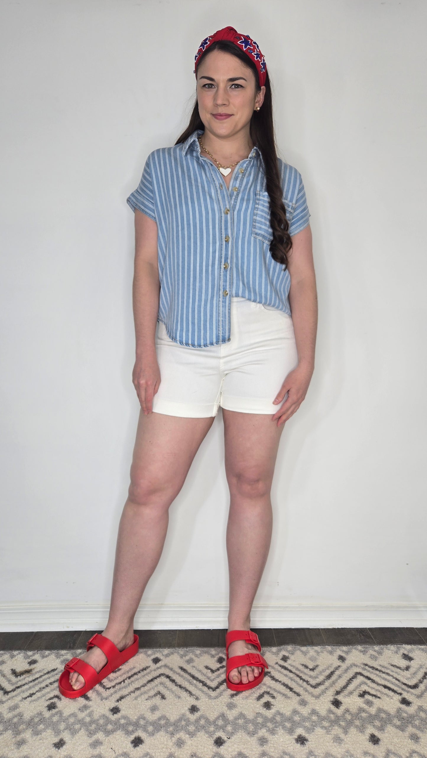 Denim Blue Stripe Button Up Short Sleeve Top "Charlotte"