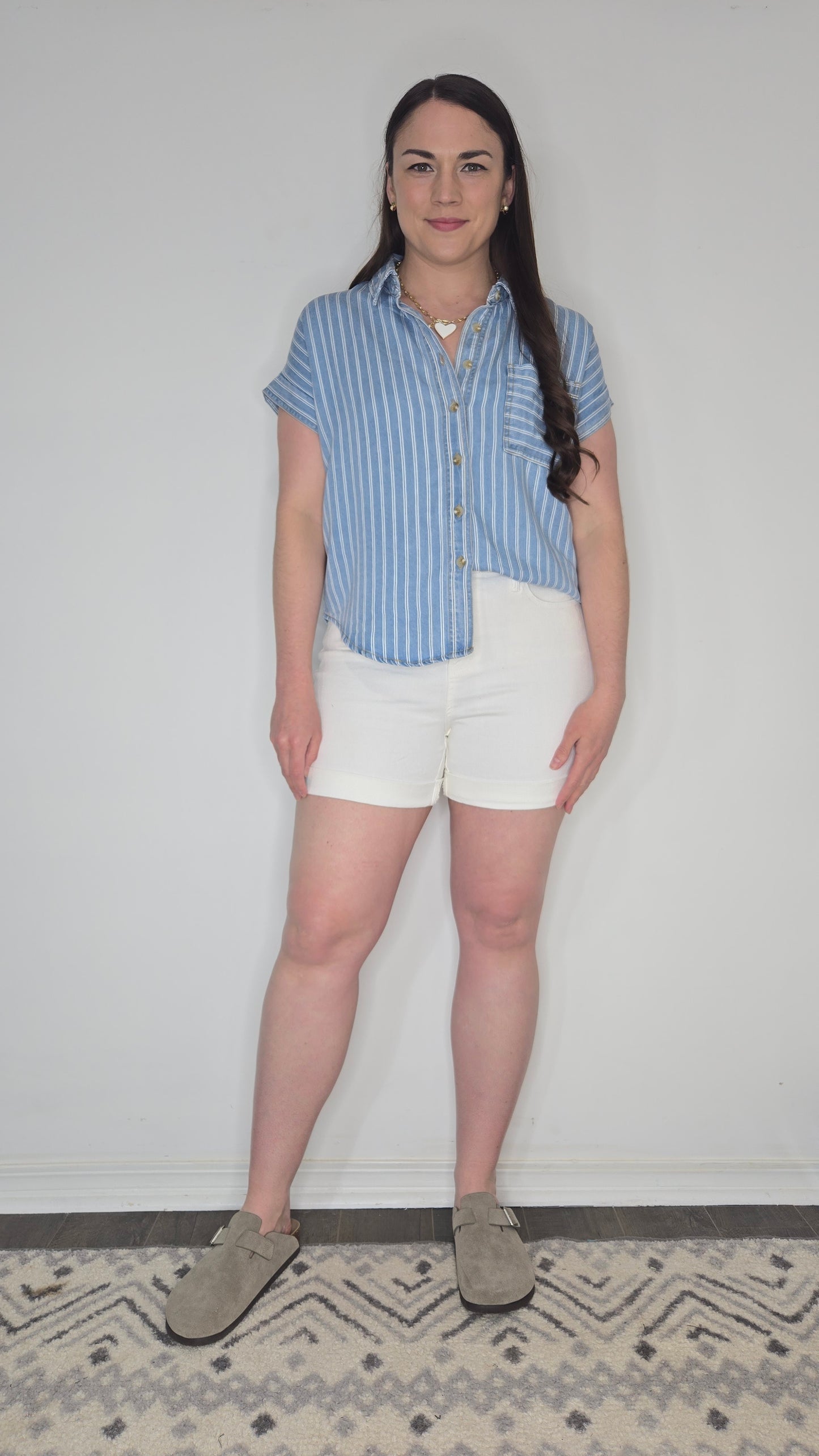 Denim Blue Stripe Button Up Short Sleeve Top "Charlotte"
