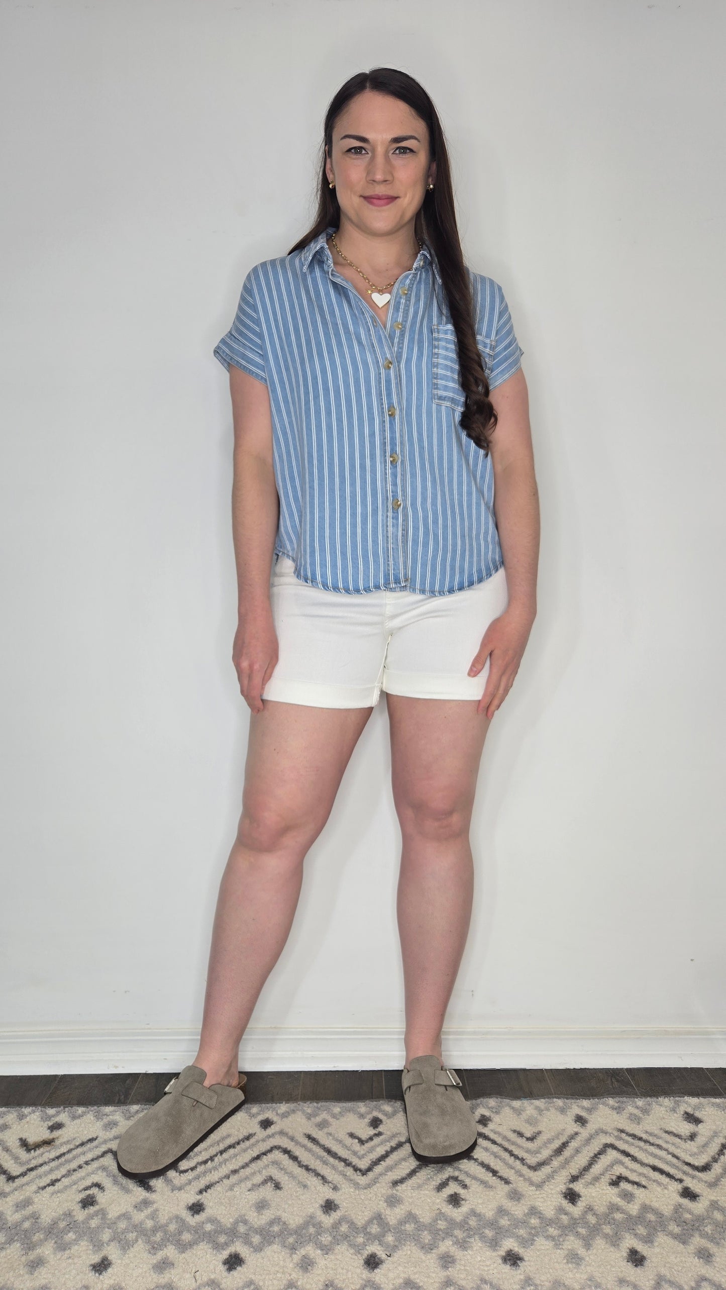 Denim Blue Stripe Button Up Short Sleeve Top "Charlotte"