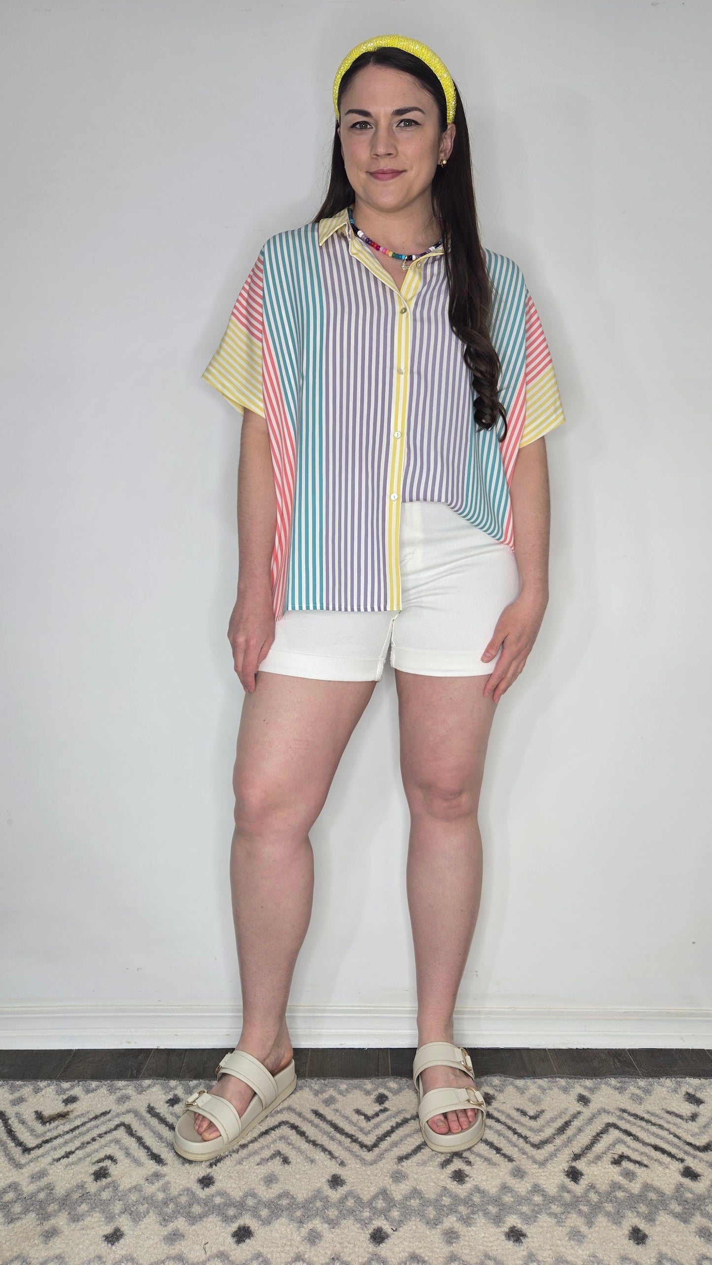 Multi Color Stripe Button Up Oversize Short Sleeve Top "Sunny"