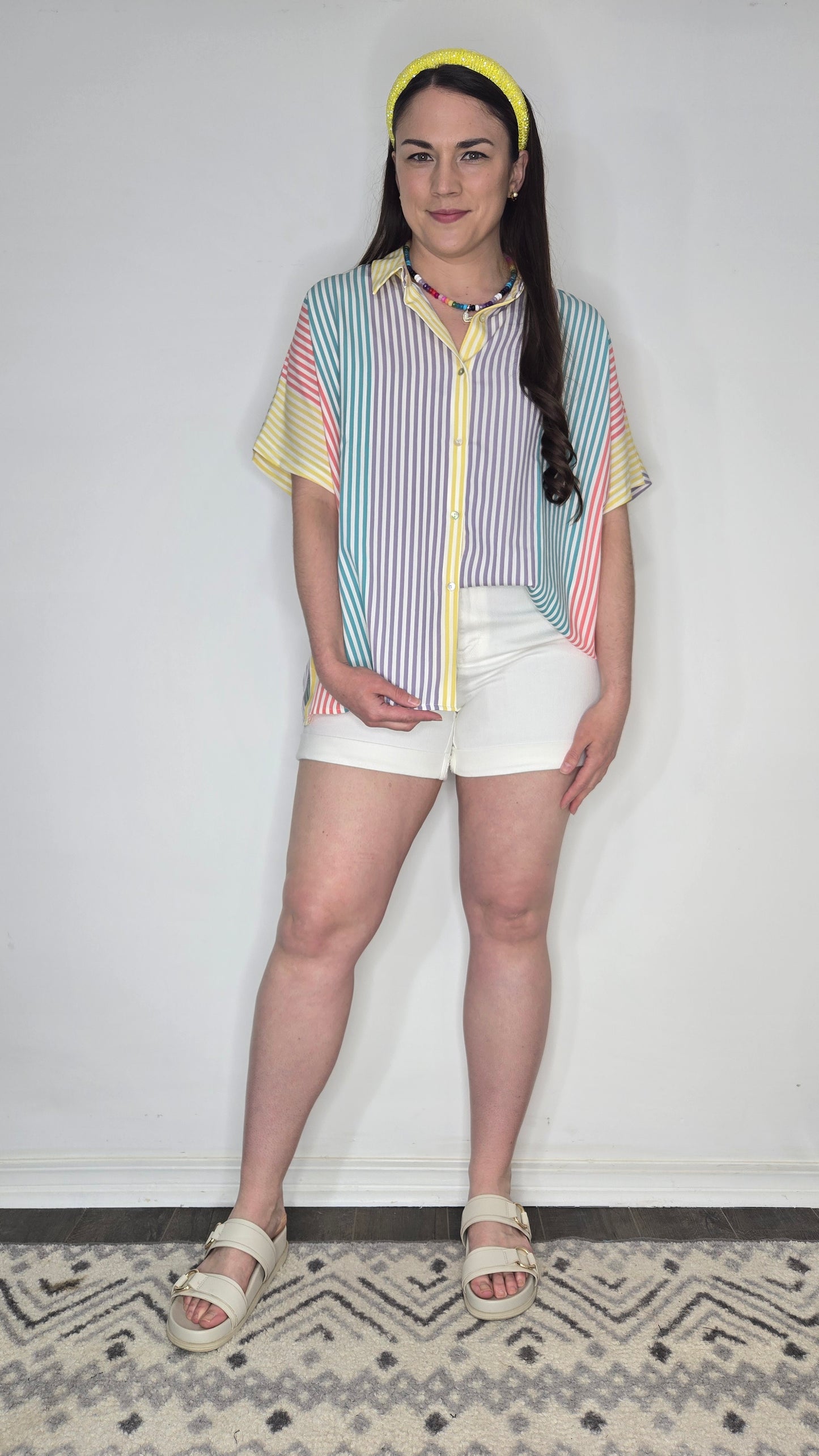 Multi Color Stripe Button Up Oversize Short Sleeve Top "Sunny"