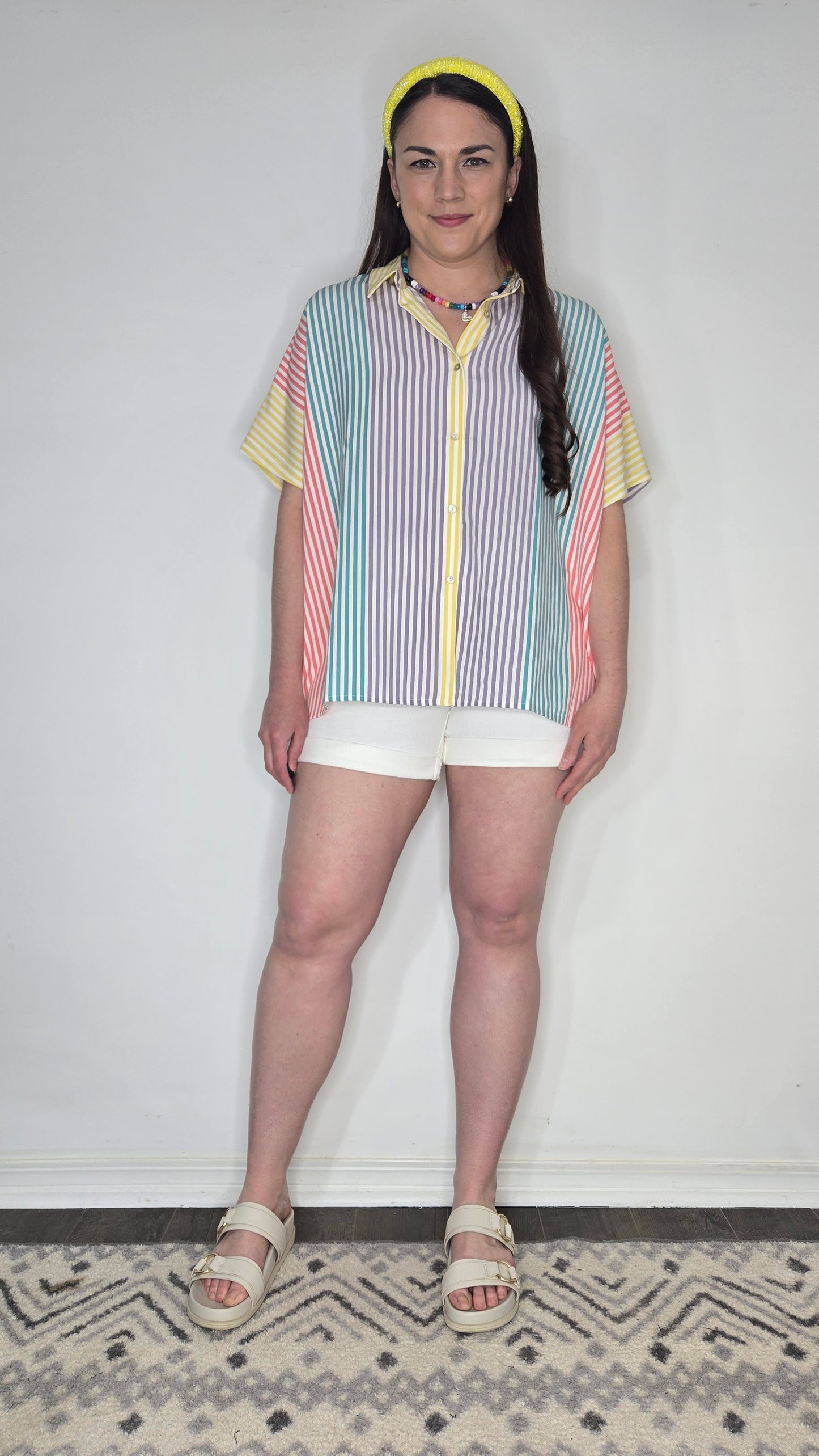 Multi Color Stripe Button Up Oversize Short Sleeve Top "Sunny"