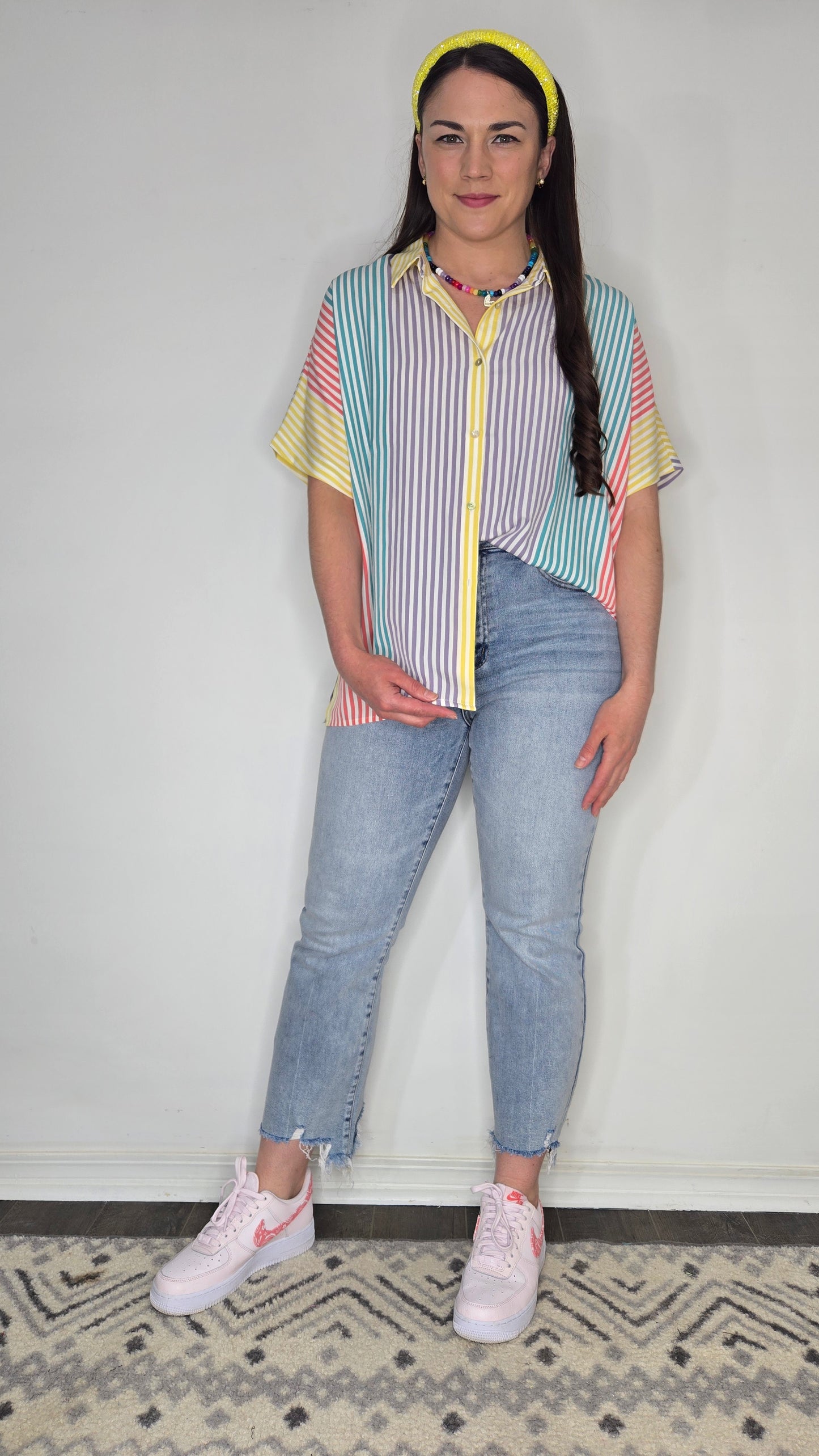 Multi Color Stripe Button Up Oversize Short Sleeve Top "Sunny"