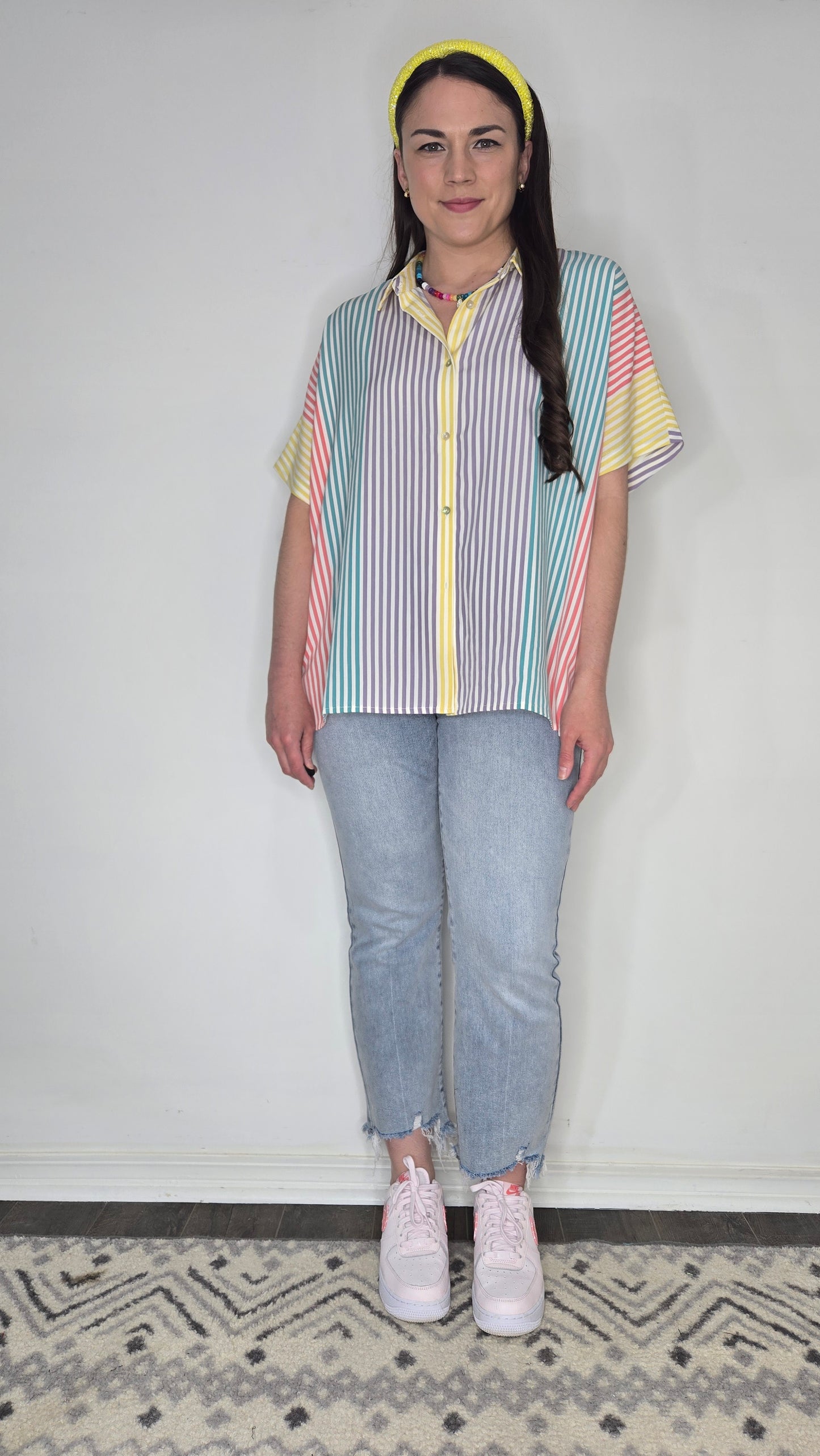 Multi Color Stripe Button Up Oversize Short Sleeve Top "Sunny"