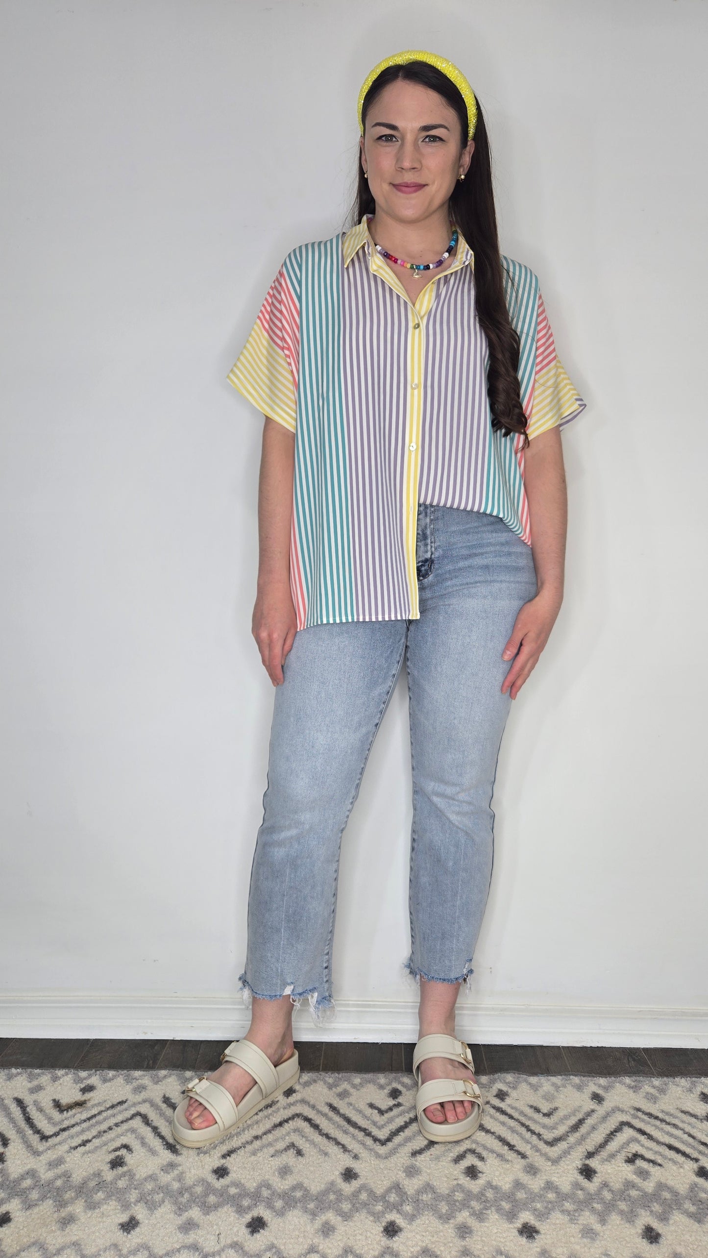 Multi Color Stripe Button Up Oversize Short Sleeve Top "Sunny"