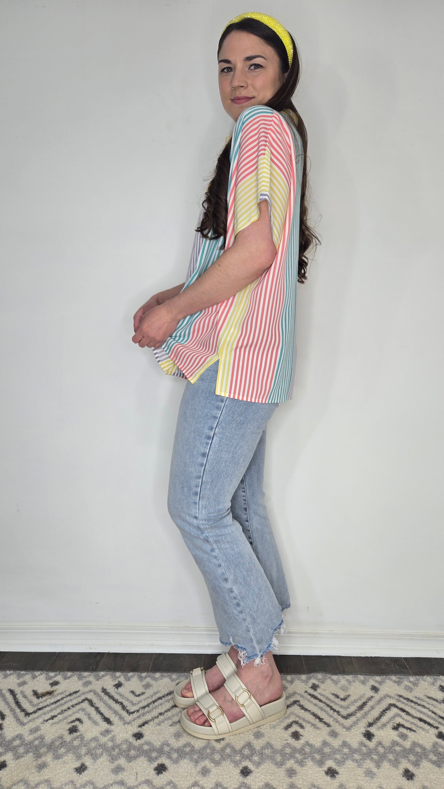 Multi Color Stripe Button Up Oversize Short Sleeve Top "Sunny"