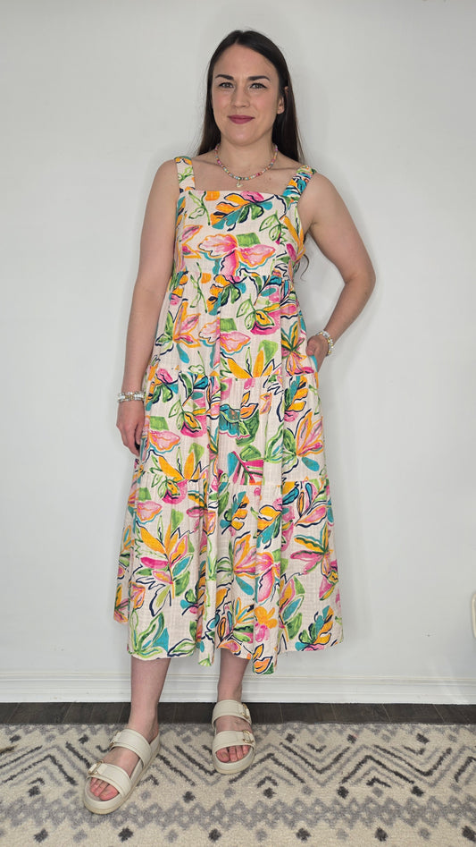 Vibrant Leaf Print Midi Dress with Pockets "Laila" (M)
