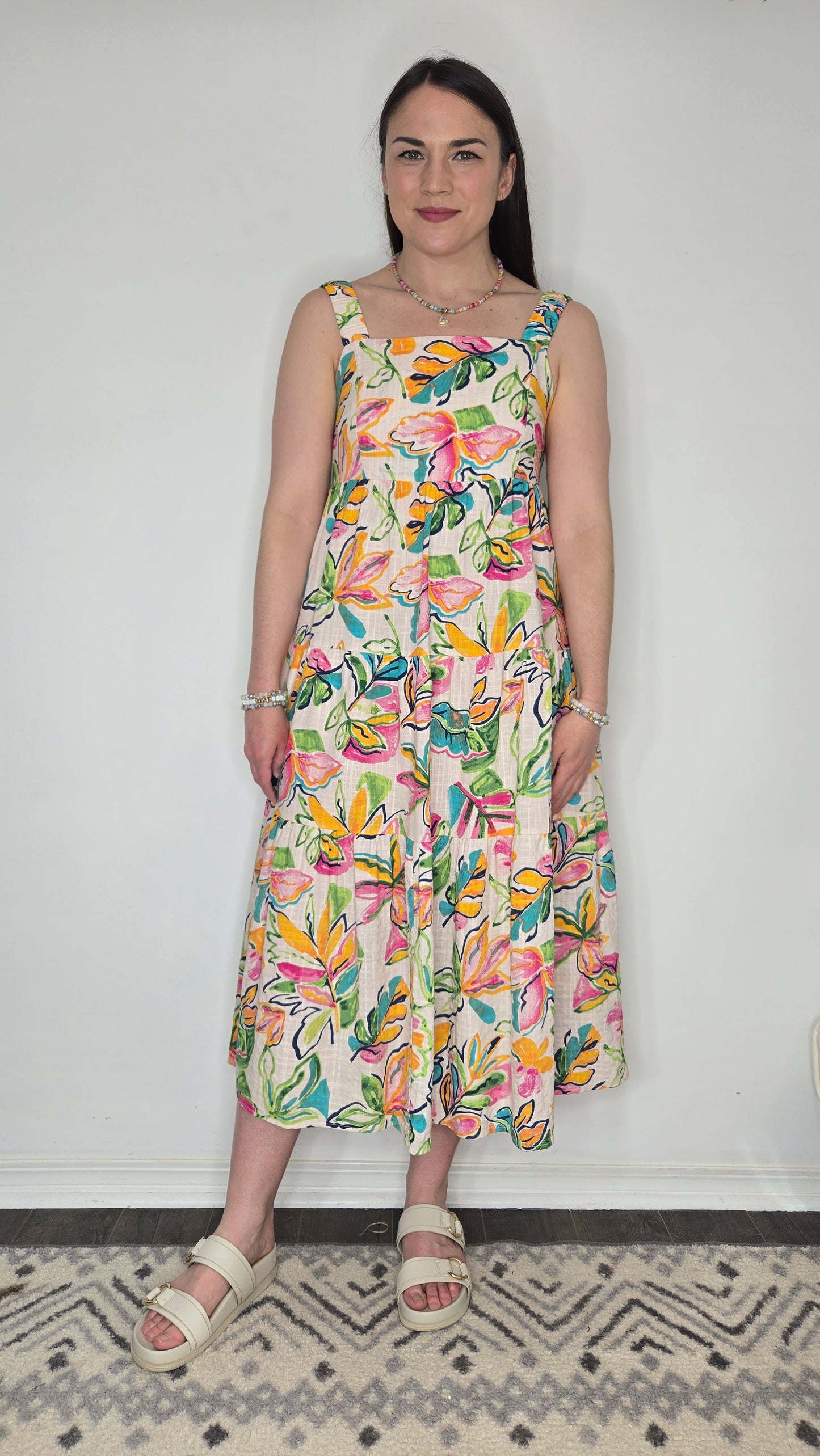 Vibrant Leaf Print Midi Dress with Pockets "Laila" (M)