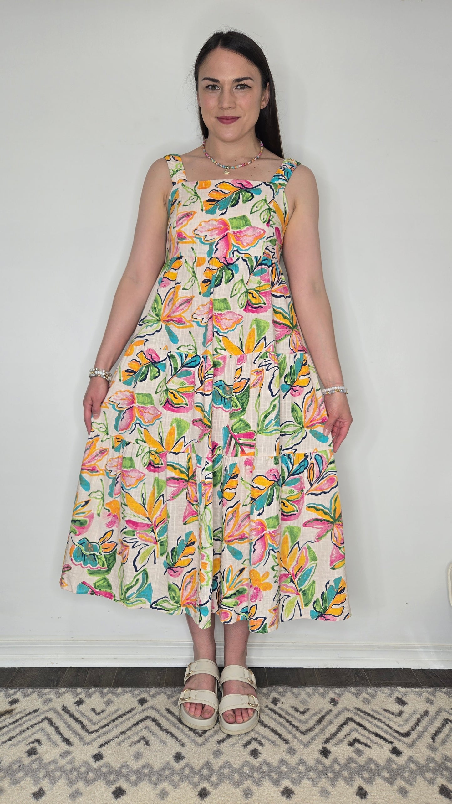 Vibrant Leaf Print Midi Dress with Pockets "Laila" (M)