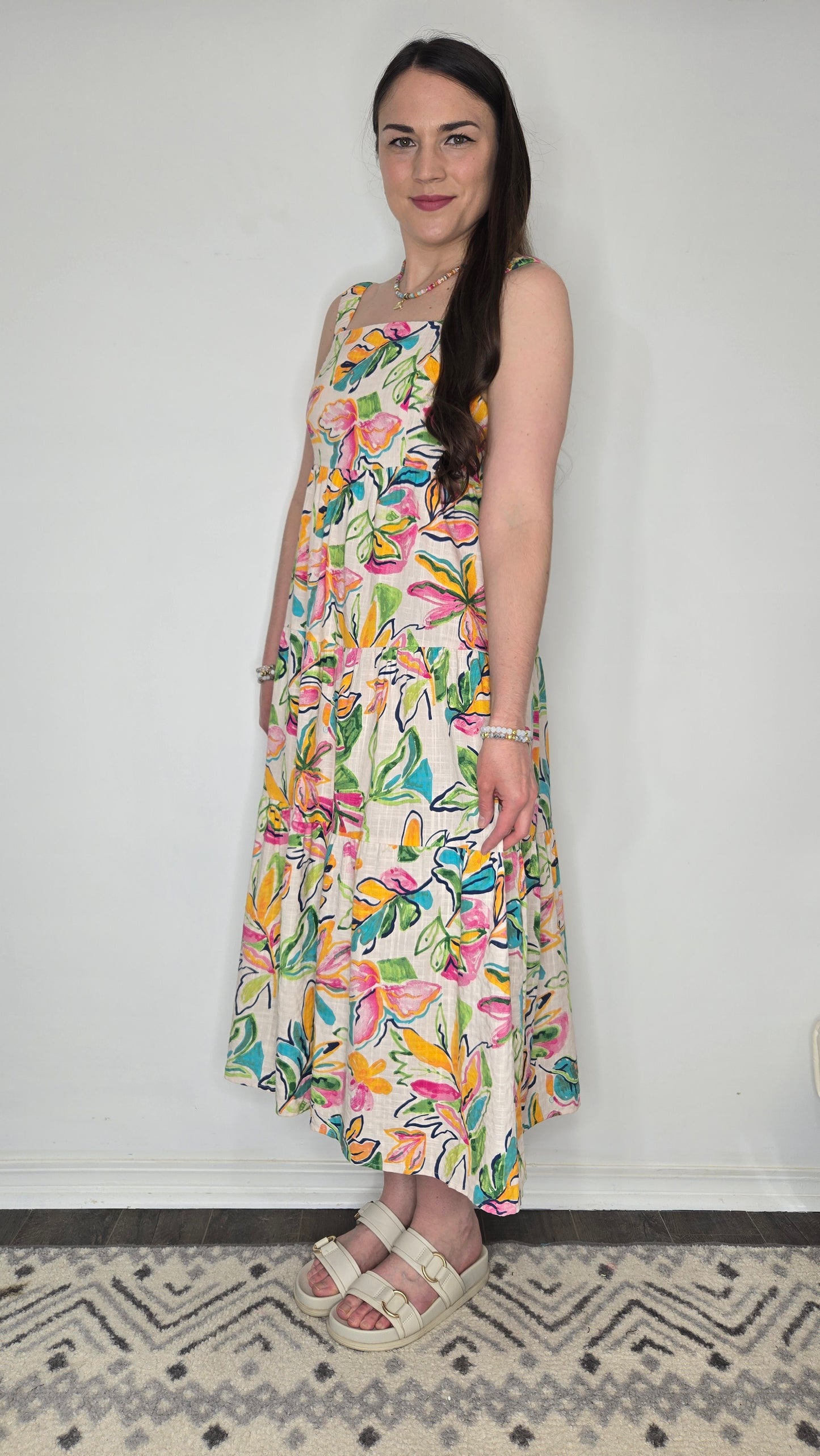 Vibrant Leaf Print Midi Dress with Pockets "Laila" (M)