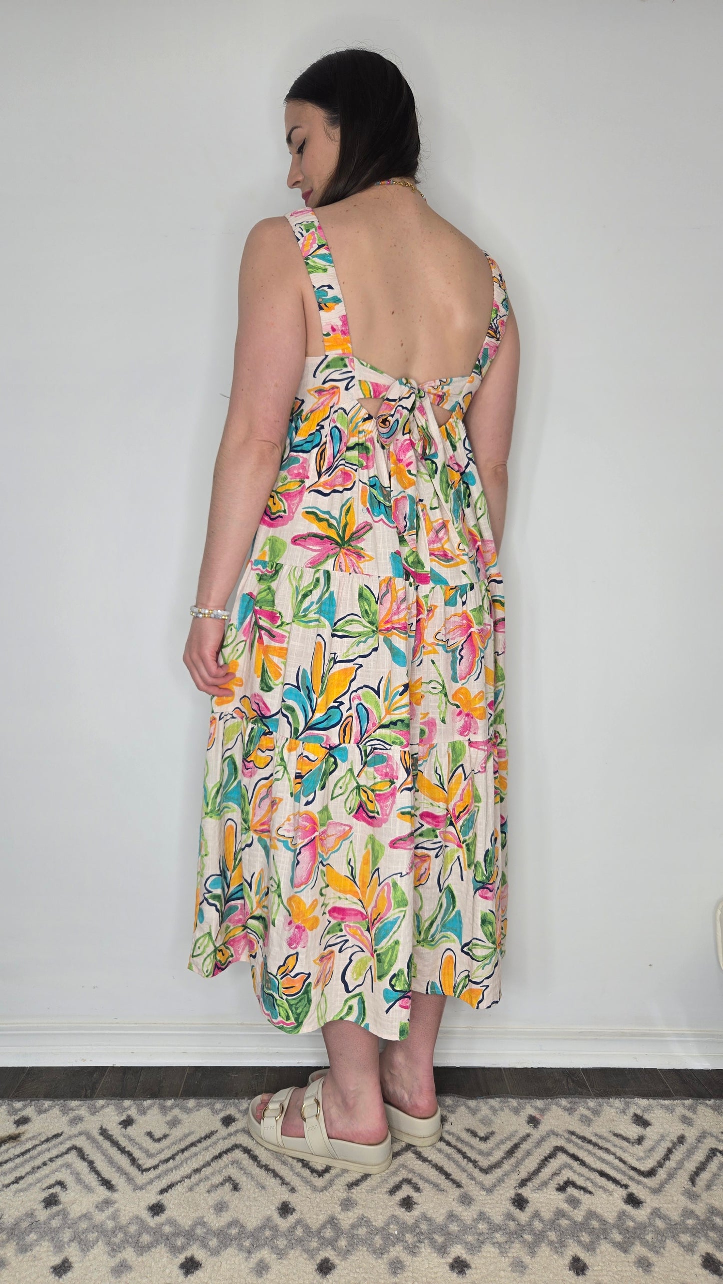 Vibrant Leaf Print Midi Dress with Pockets "Laila" (M)
