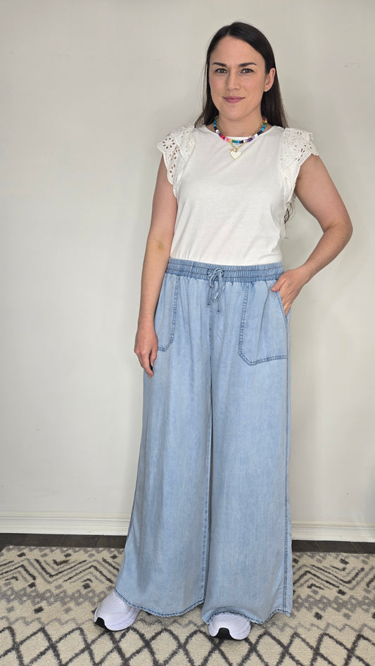 Chambray Cloudsoft Light Wash Wide Leg Pallazo Lounge Pants "Skye"
