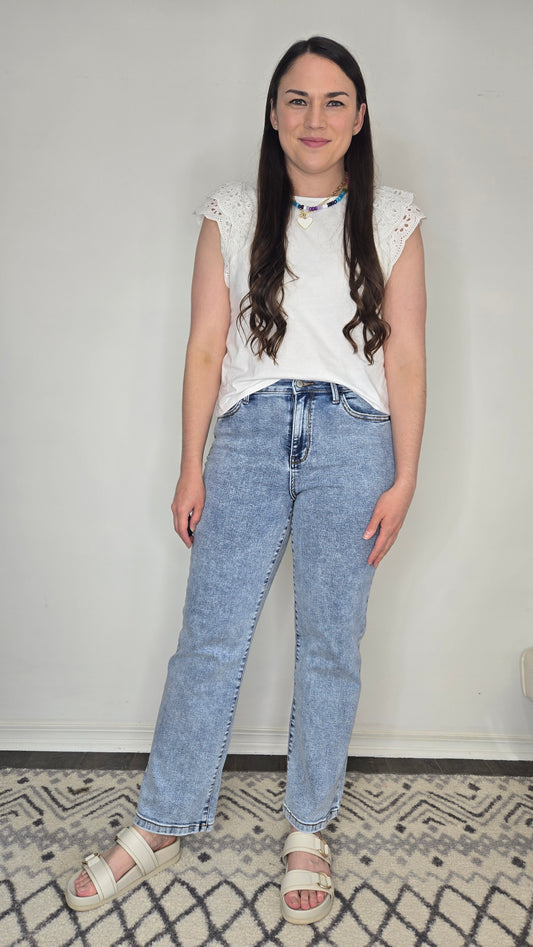 Judy Blue High Waist Stone Wash Straight Fit Light Wash Jeans "Camden"