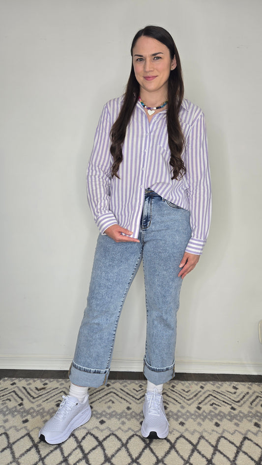 Lavender Stripe Button Up Long Sleeve Top "Lyla"