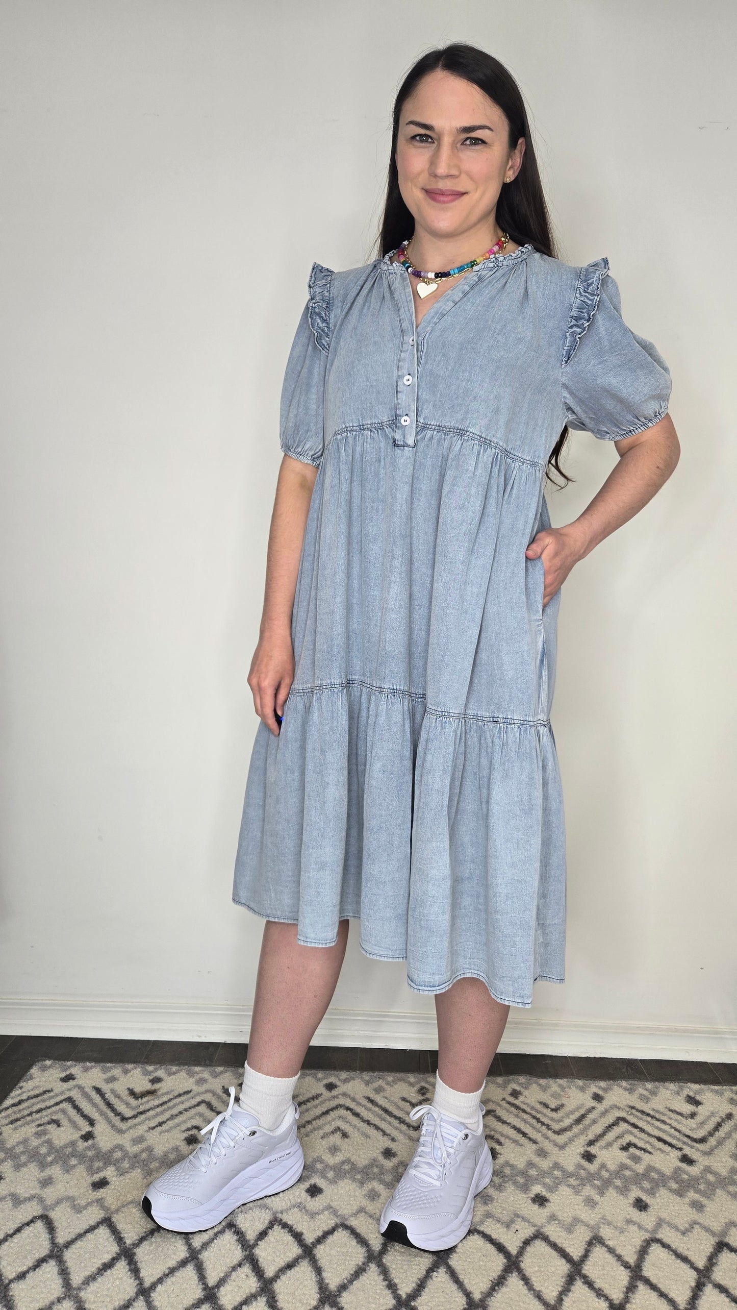 Chambray Ruffle Tiered Midi Dress with Pockets "Penelope"