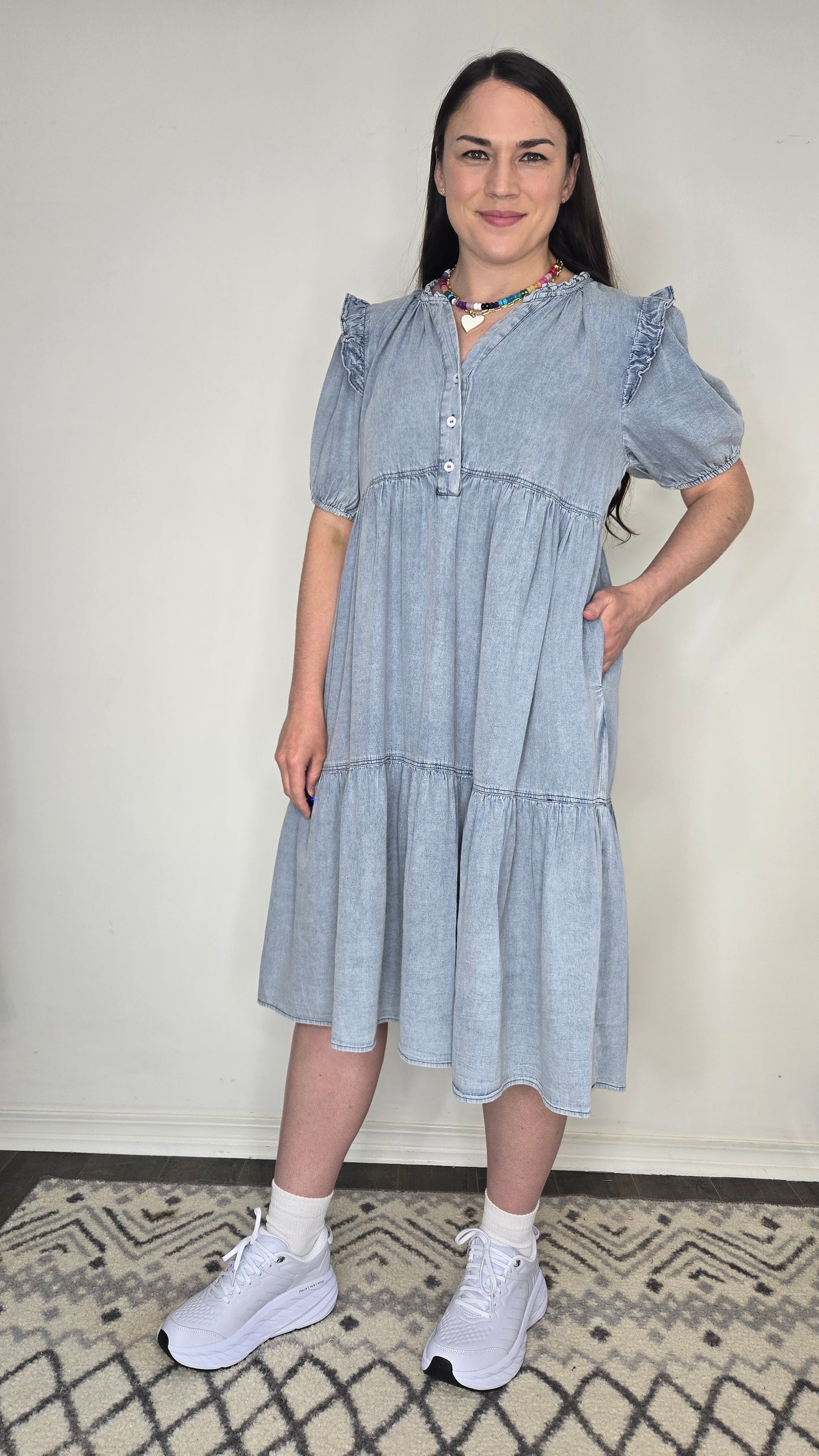 Chambray Ruffle Tiered Midi Dress with Pockets "Penelope"
