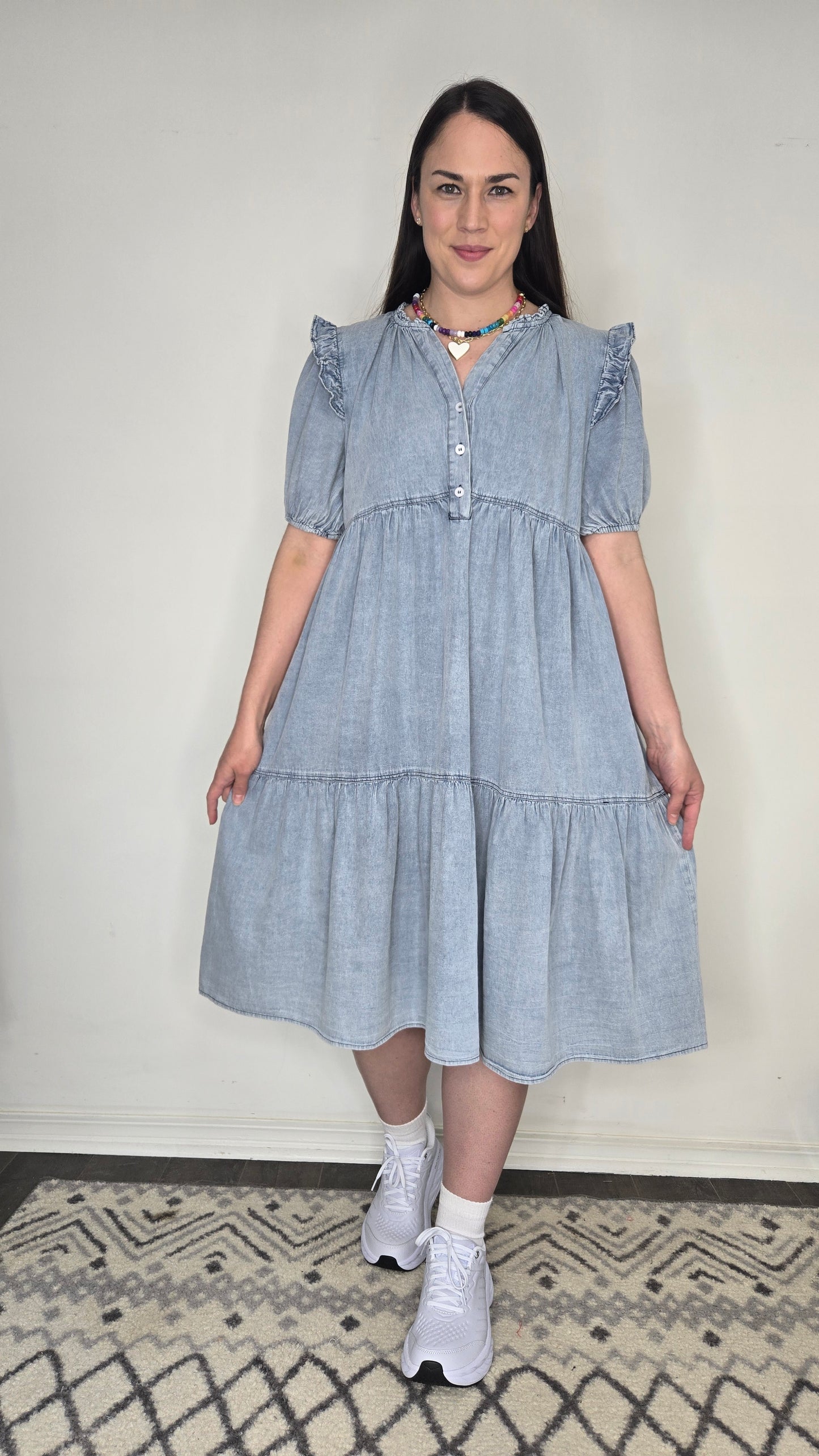 Chambray Ruffle Tiered Midi Dress with Pockets "Penelope"