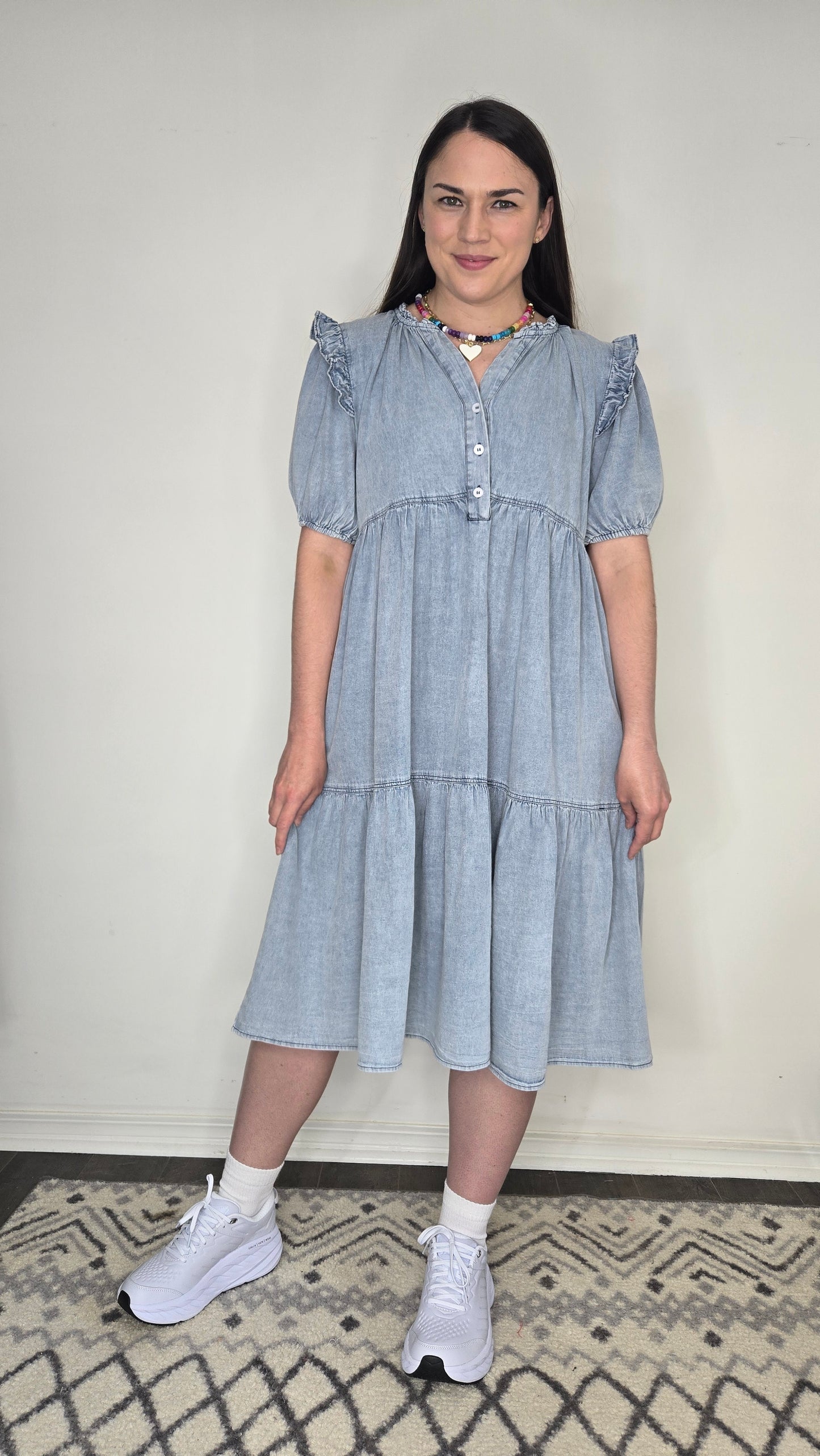 Chambray Ruffle Tiered Midi Dress with Pockets "Penelope"