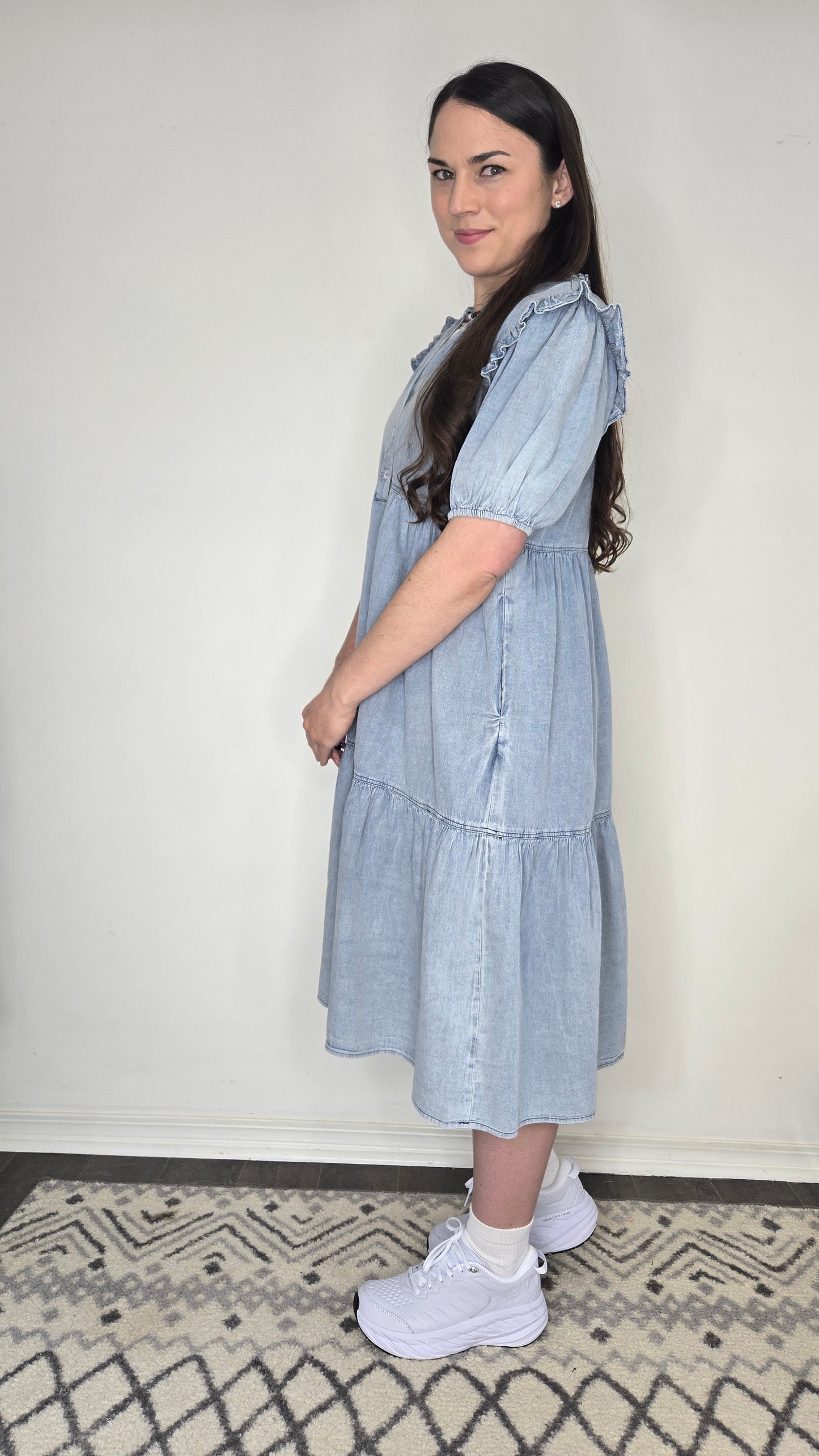 Chambray Ruffle Tiered Midi Dress with Pockets "Penelope"