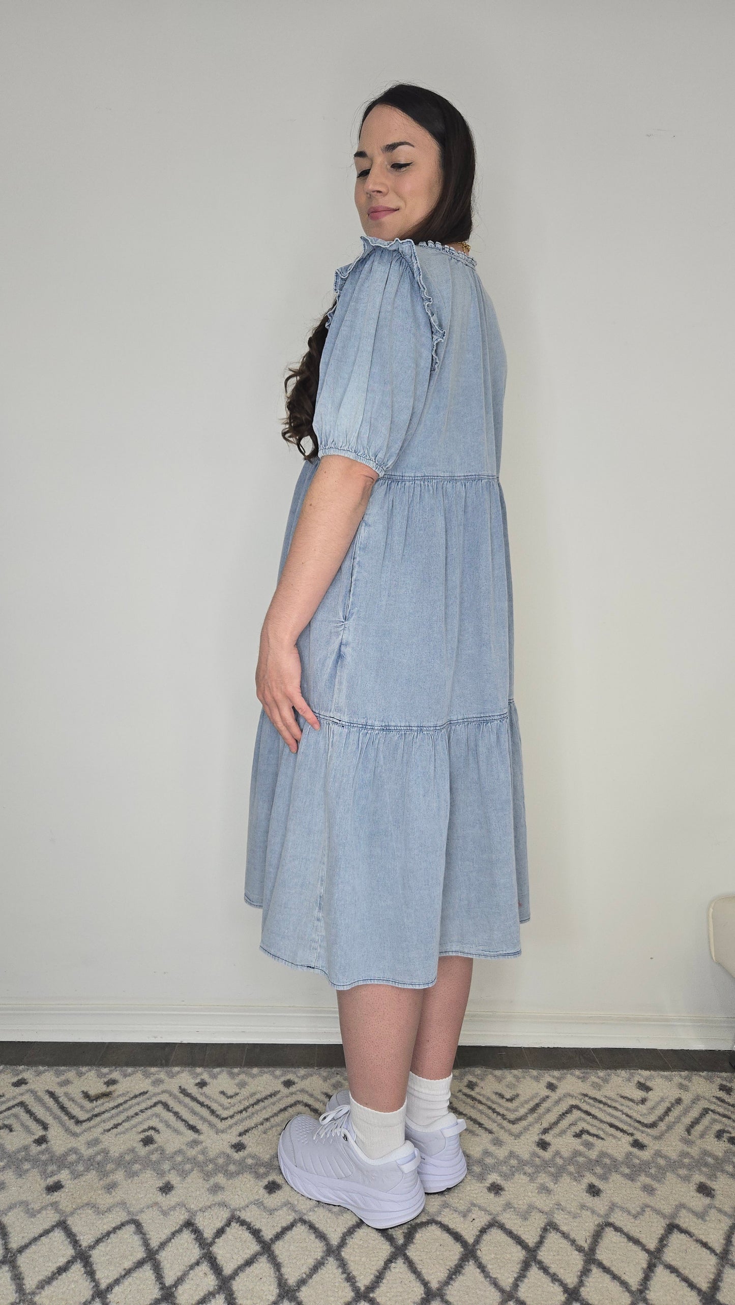 Chambray Ruffle Tiered Midi Dress with Pockets "Penelope"