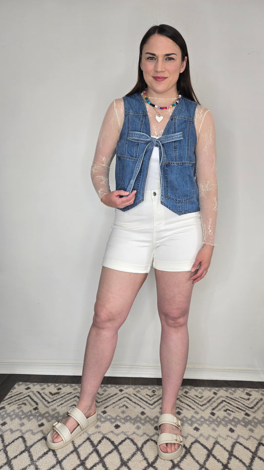 Denim Tie Front Medium Wash Vest with Oversize Pockets "Sutton"