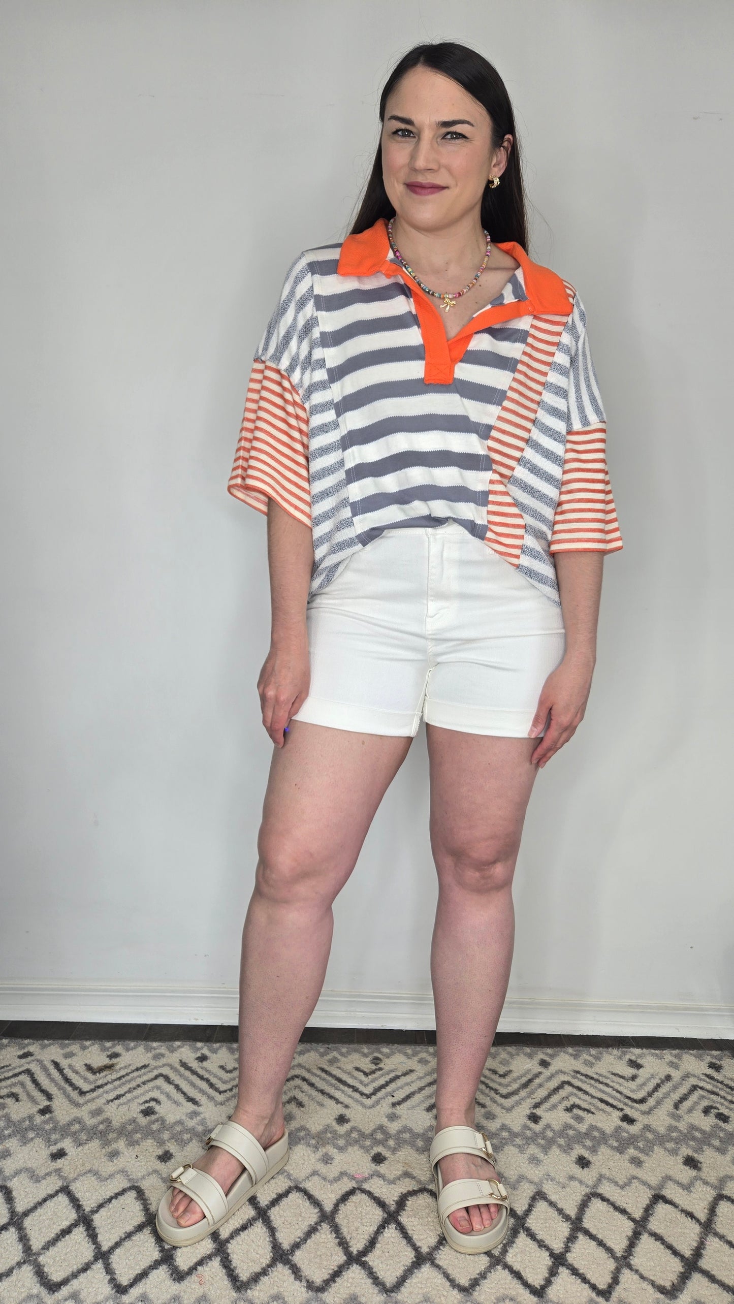 Grey/Orange Striped Contrast Patchwork Polo Top "Hayley"