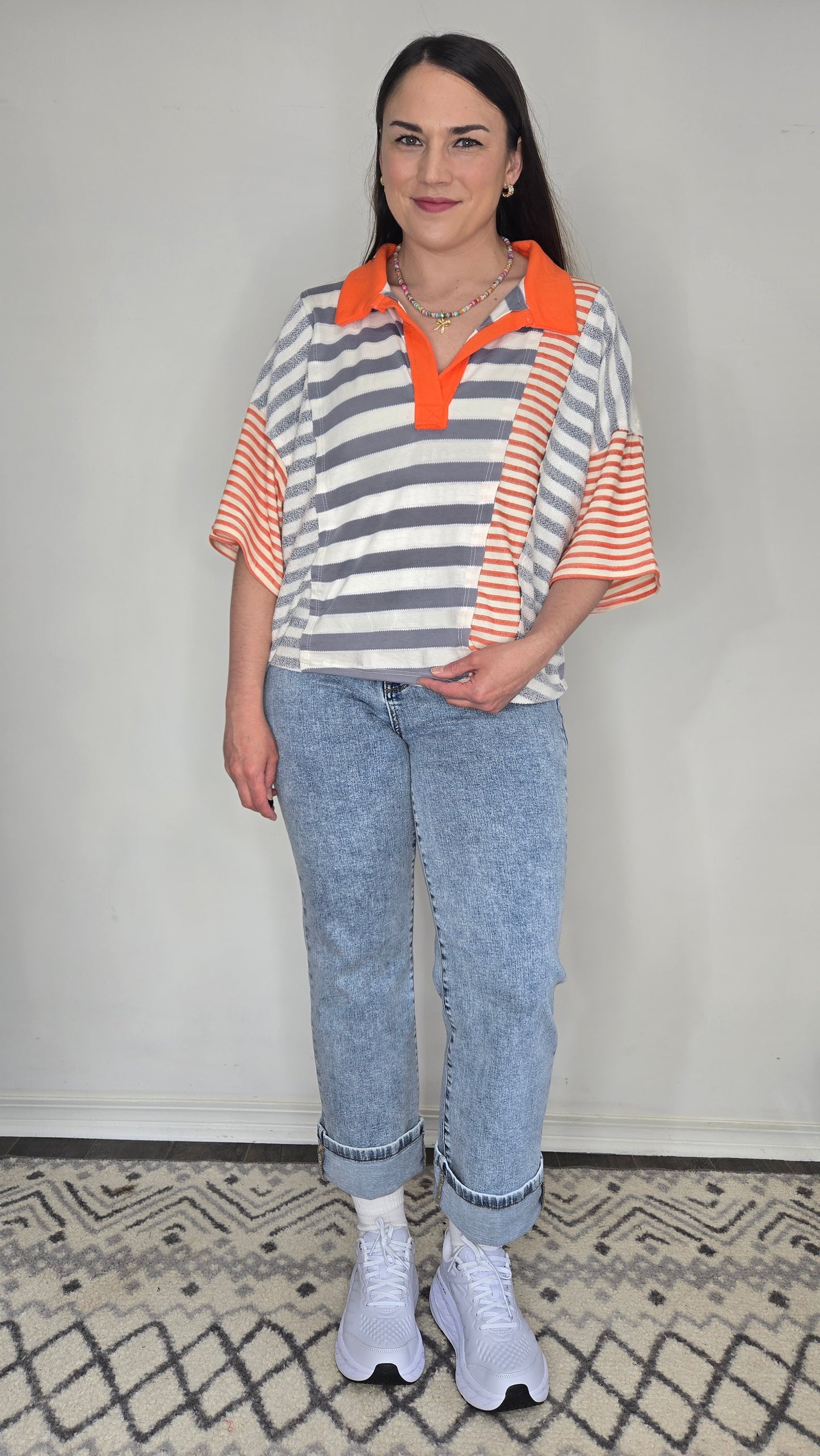Grey/Orange Striped Contrast Patchwork Polo Top "Hayley"