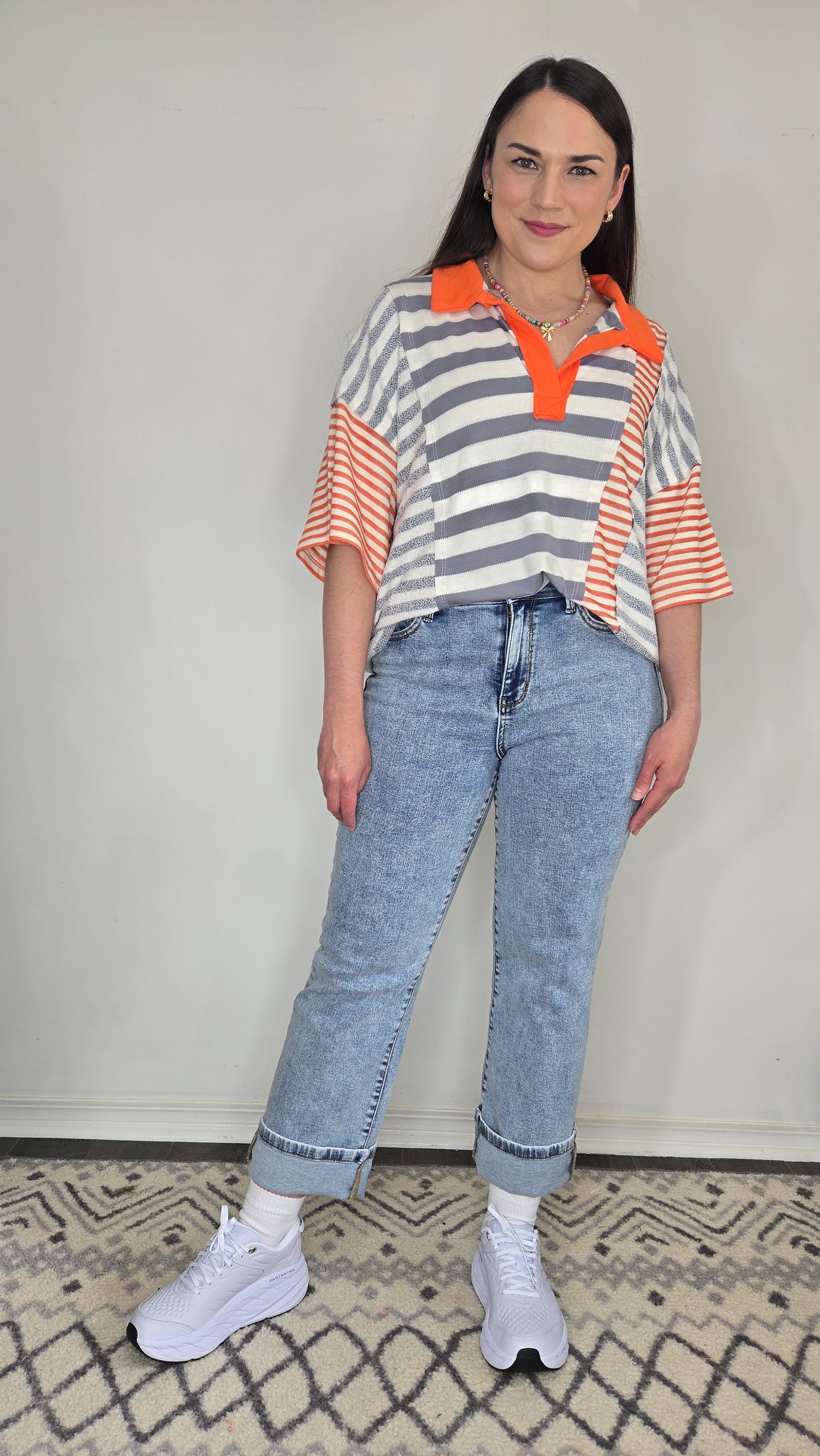 Grey/Orange Striped Contrast Patchwork Polo Top "Hayley"