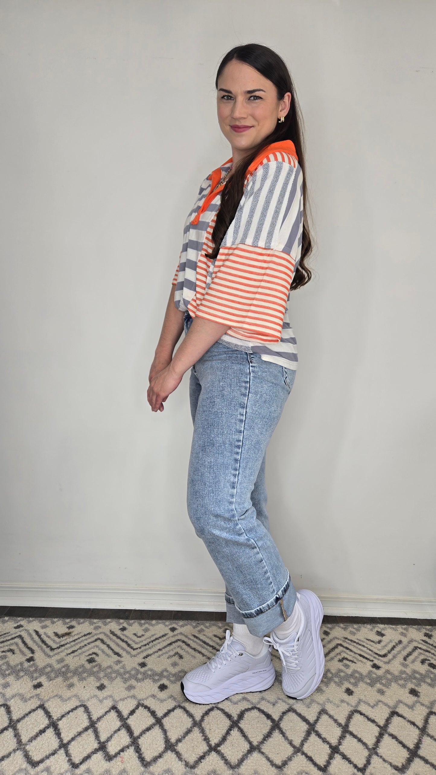 Grey/Orange Striped Contrast Patchwork Polo Top "Hayley"
