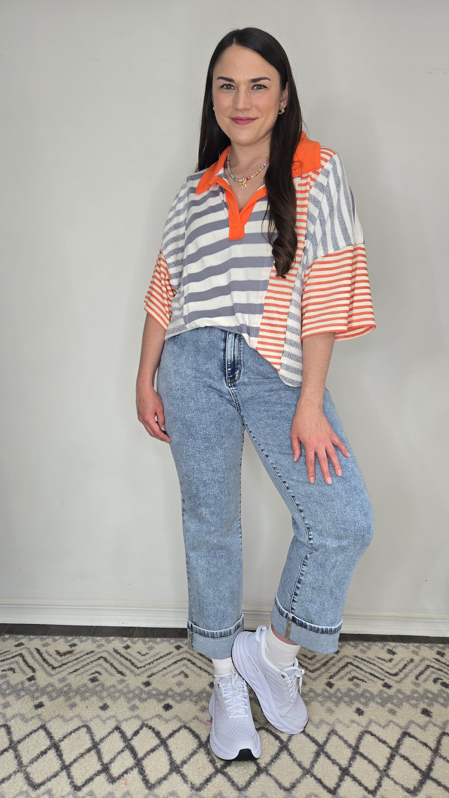 Grey/Orange Striped Contrast Patchwork Polo Top "Hayley"