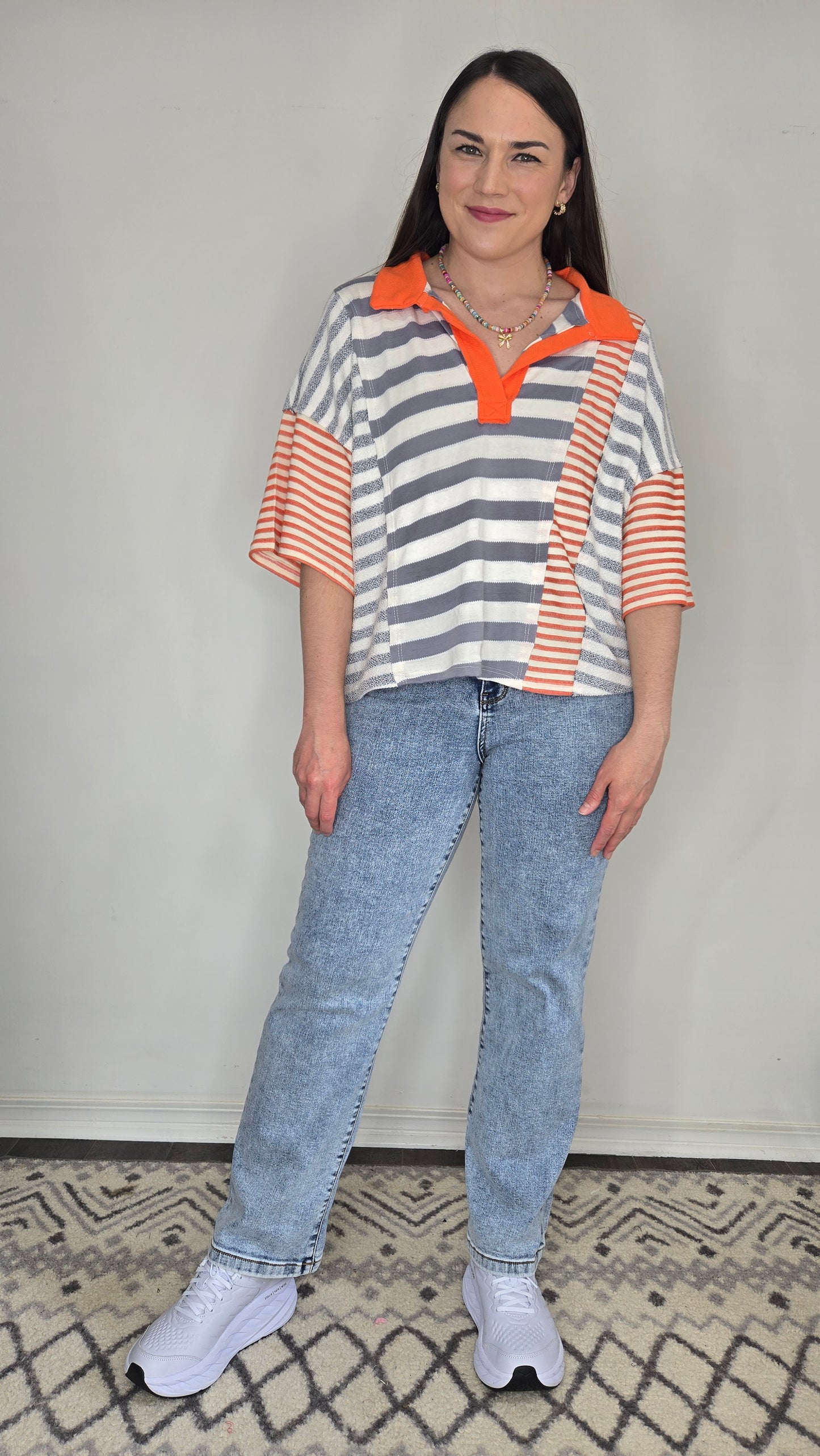 Grey/Orange Striped Contrast Patchwork Polo Top "Hayley"