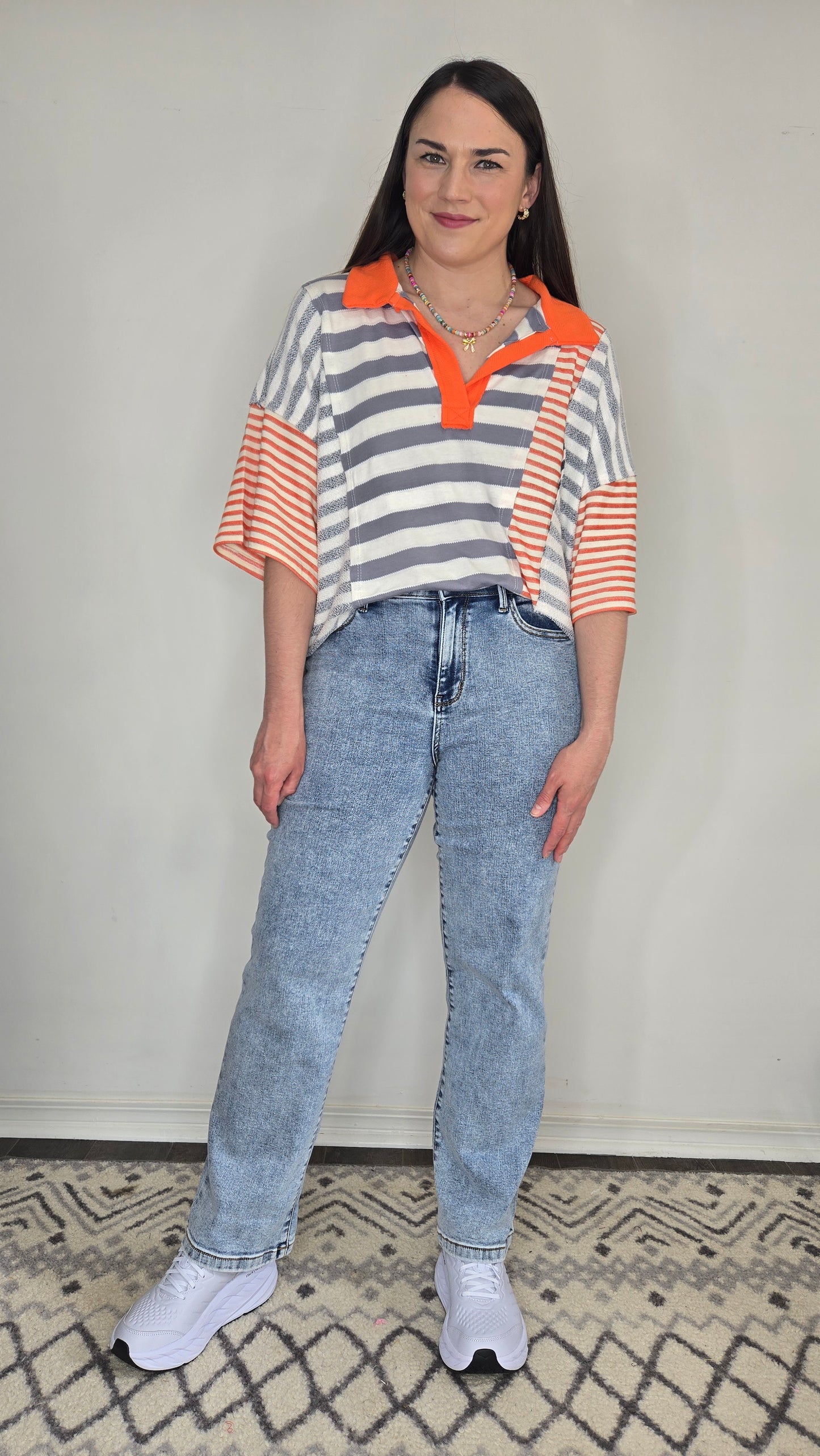 Grey/Orange Striped Contrast Patchwork Polo Top "Hayley"
