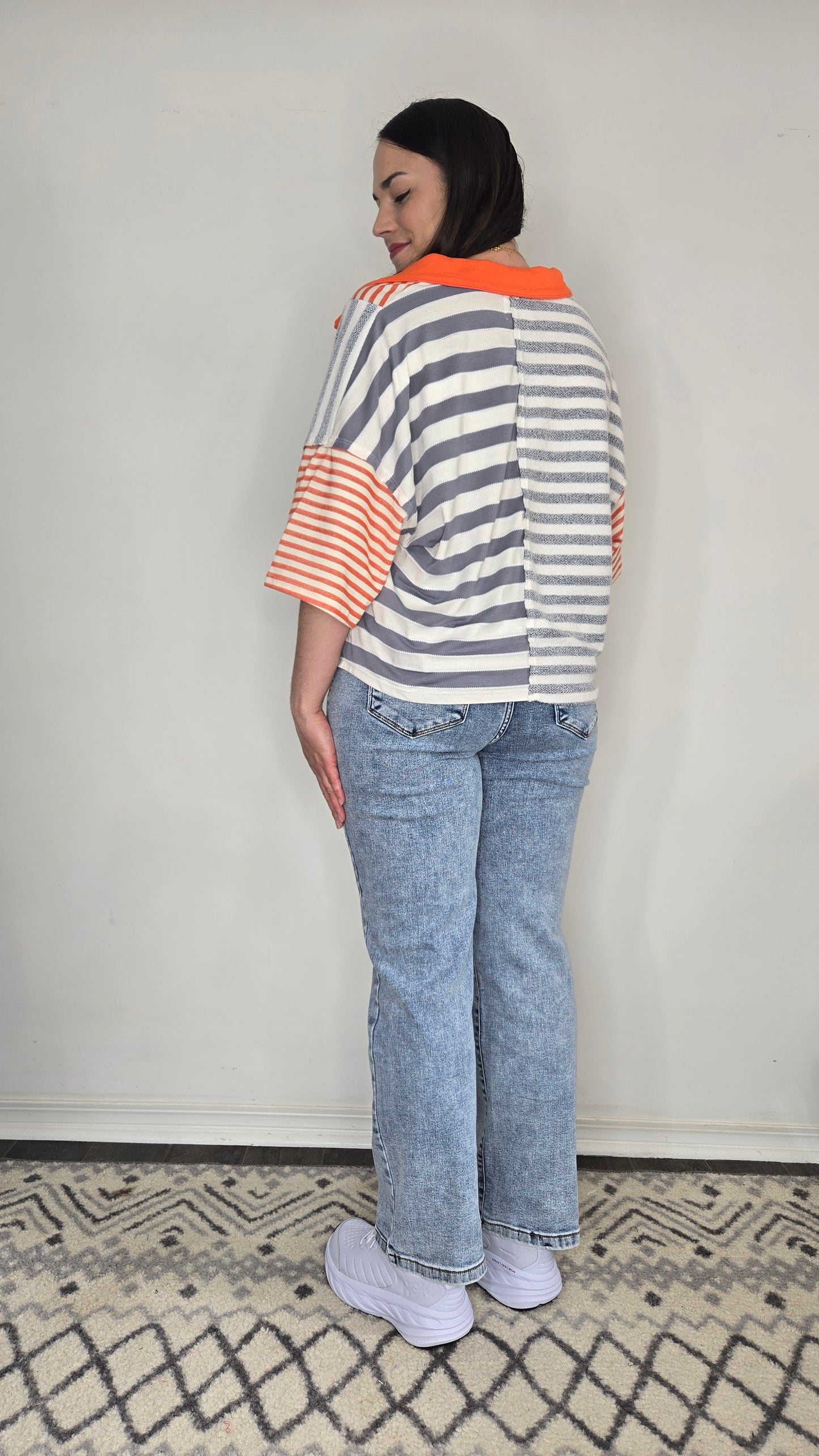 Grey/Orange Striped Contrast Patchwork Polo Top "Hayley"