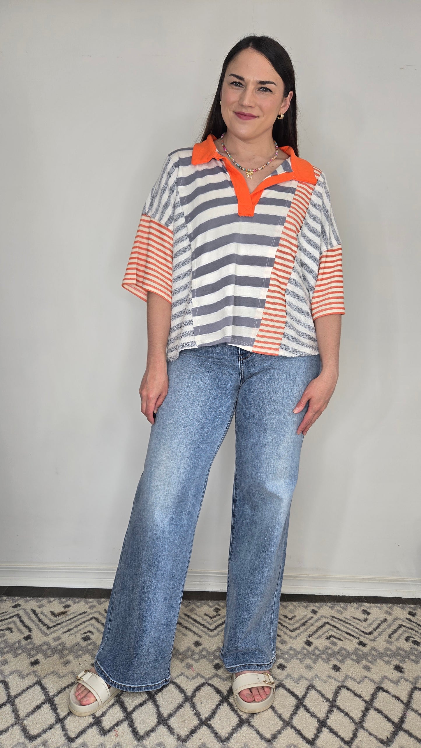 Grey/Orange Striped Contrast Patchwork Polo Top "Hayley"