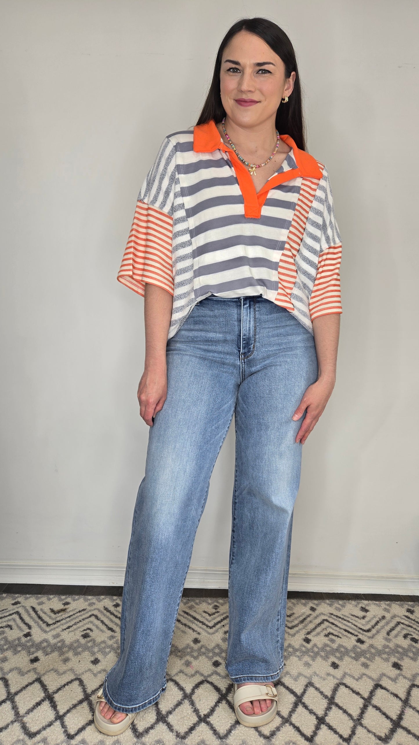 Grey/Orange Striped Contrast Patchwork Polo Top "Hayley"