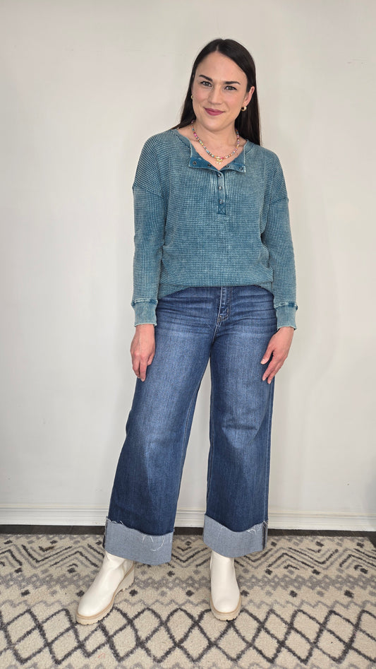 Teal Acid Wash Henley Waffle Long Sleeve Top "Tia"