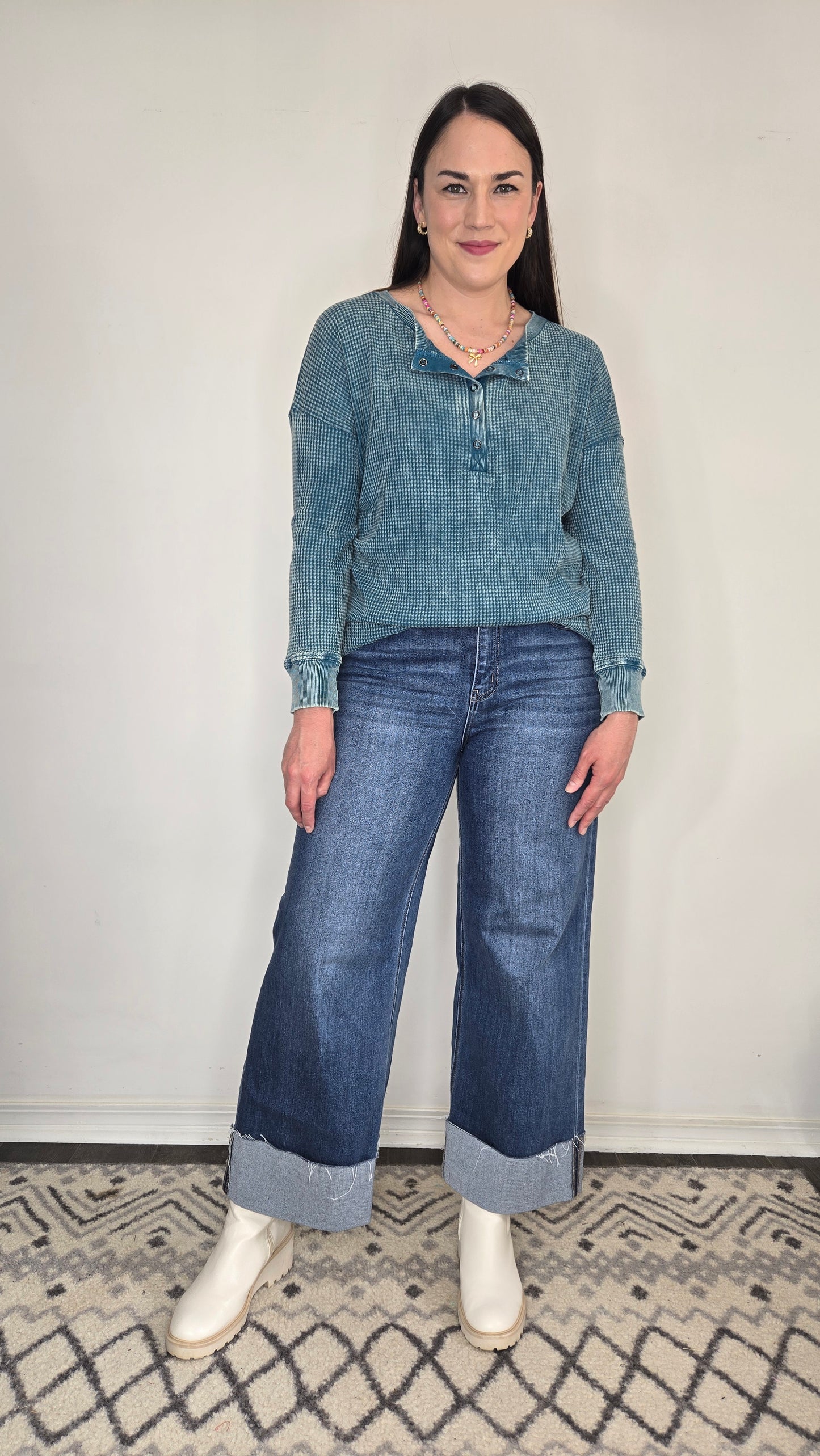 Teal Acid Wash Henley Waffle Long Sleeve Top "Tia"