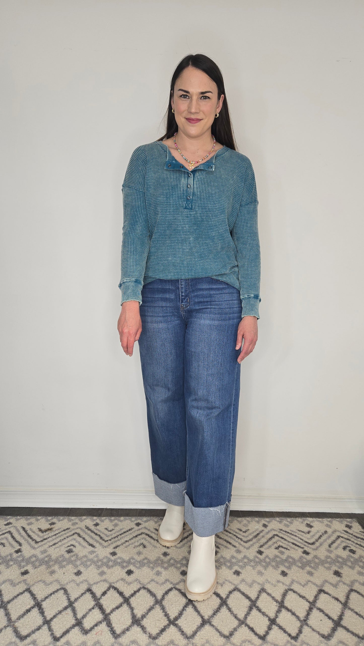 Teal Acid Wash Henley Waffle Long Sleeve Top "Tia"