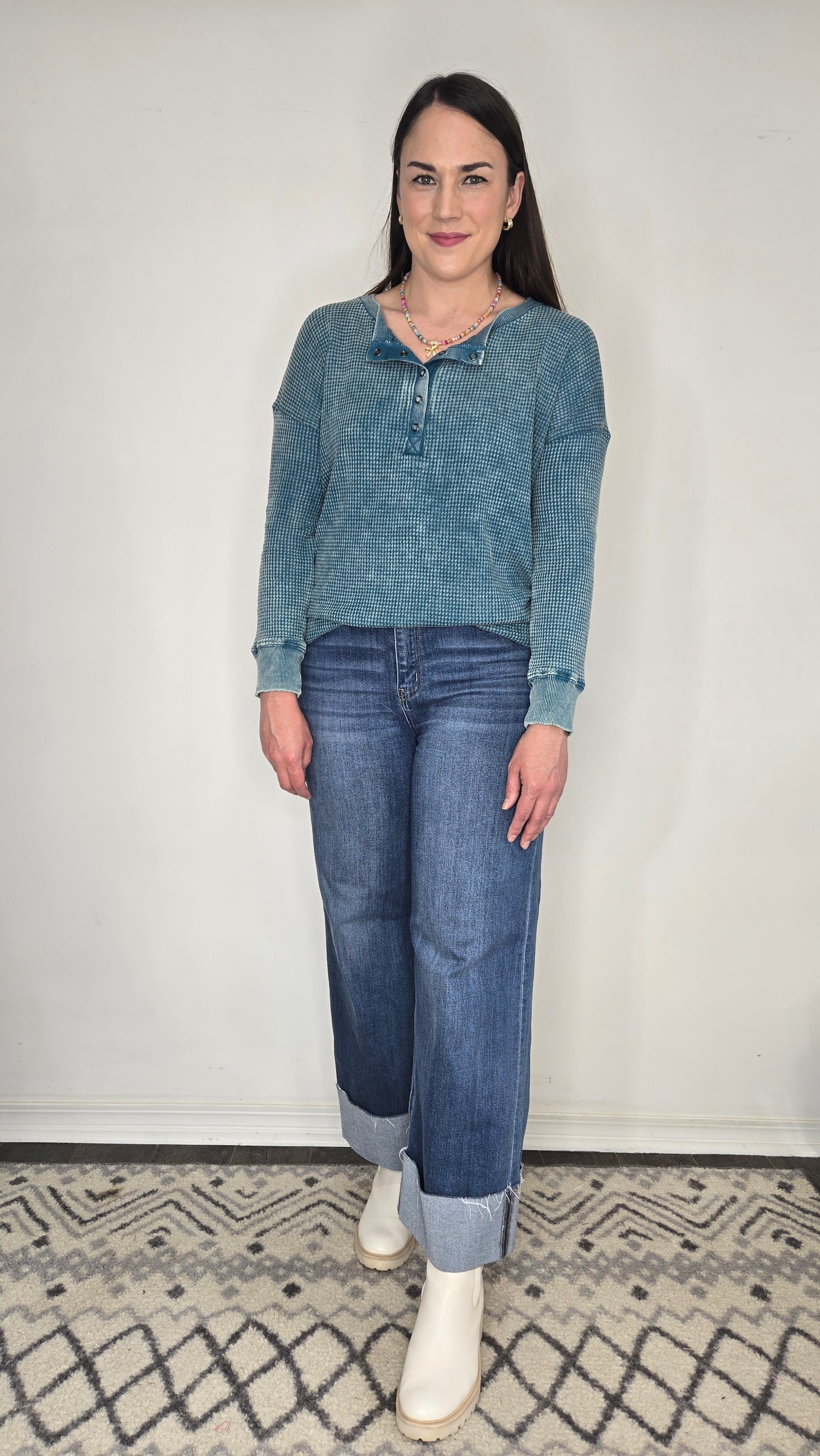 Teal Acid Wash Henley Waffle Long Sleeve Top "Tia"