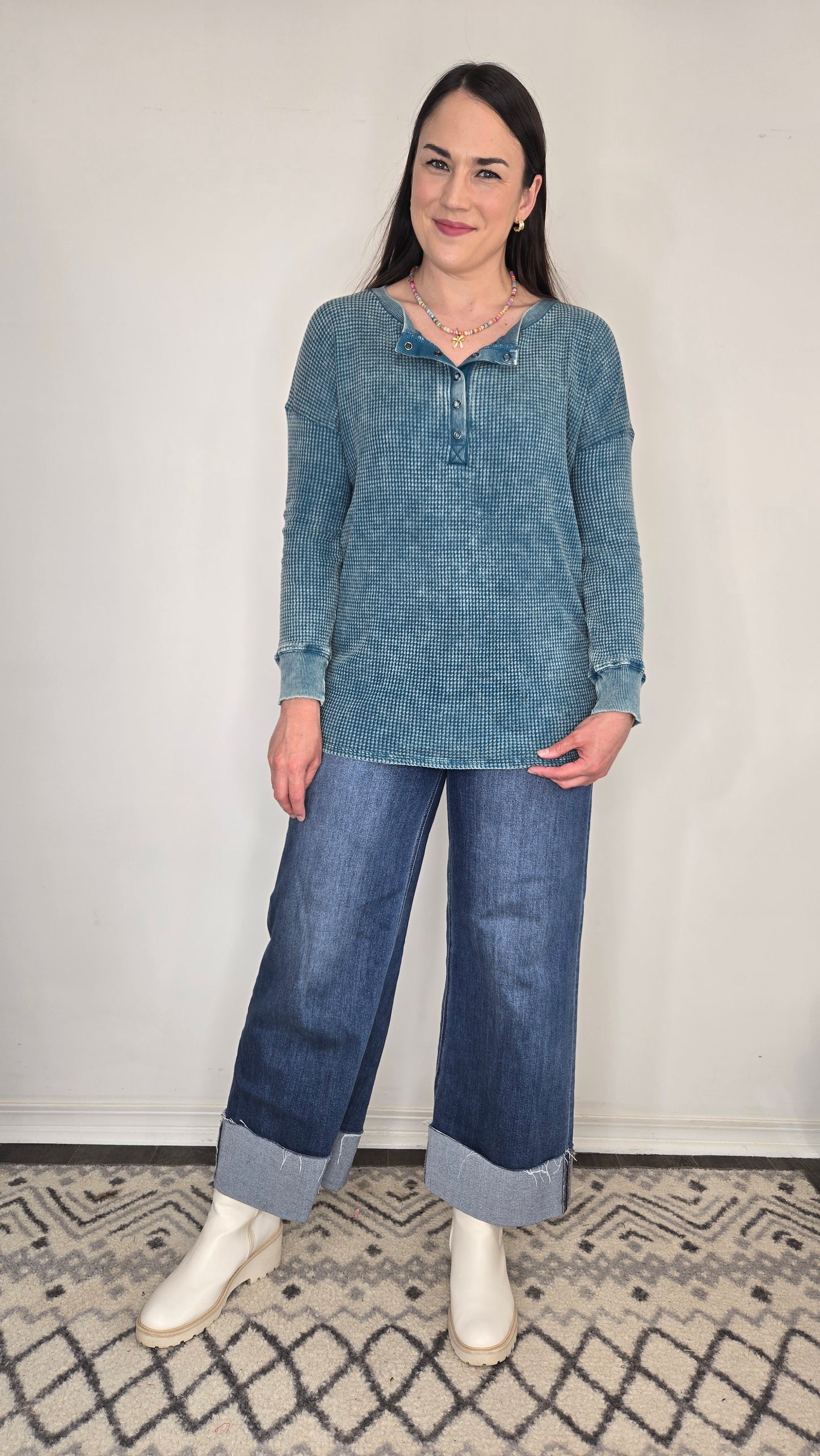 Teal Acid Wash Henley Waffle Long Sleeve Top "Tia"