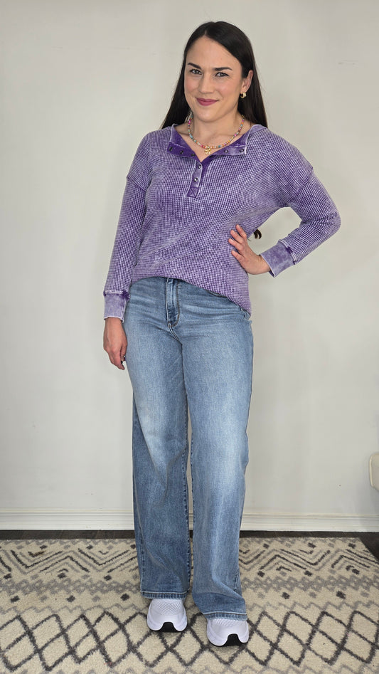 Violet Acid Wash Henley Waffle Long Sleeve Top "Vanessa"